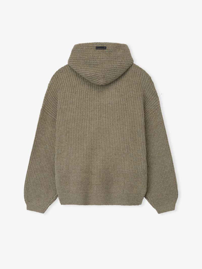 Back view of olive green Heavy Waffle 90s Hoodie showing textured knit fabric and relaxed fit with hood down
