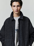 Close-up front view of model wearing dark washed denim work jacket with open collar, file 0018_HO25_F_L45_1464.jpg