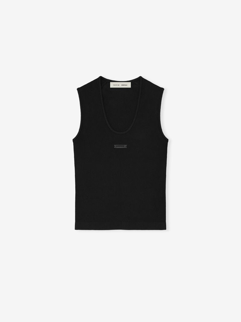 Front view of a black ribbed sleeveless tank top with a scoop neckline and small rectangular logo patch on chest