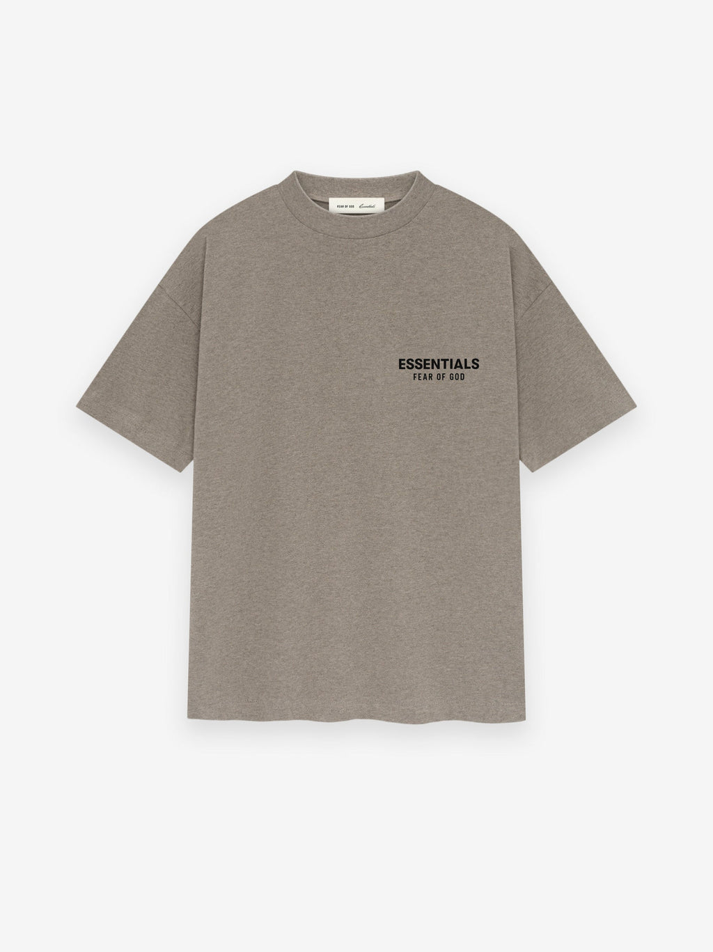 taupe medium-weight cotton jersey t-shirt with ribbed crewneck and small Essentials Fear of God logo on chest