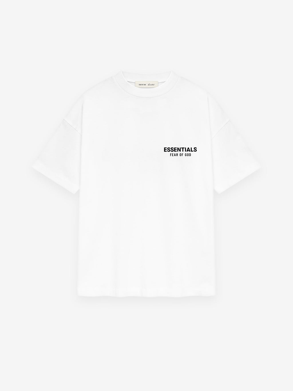 white cotton jersey classic fit crewneck tee with small Essentials Fear of God logo on chest