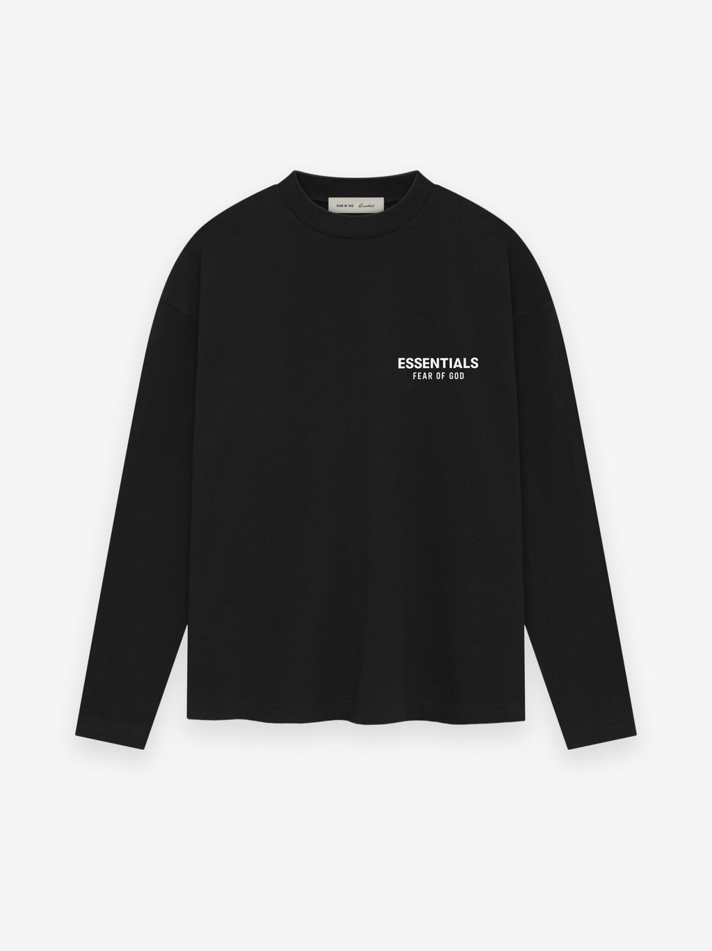 Black long-sleeve crewneck shirt with small white "ESSENTIALS FEAR OF GOD" text on upper left chest area