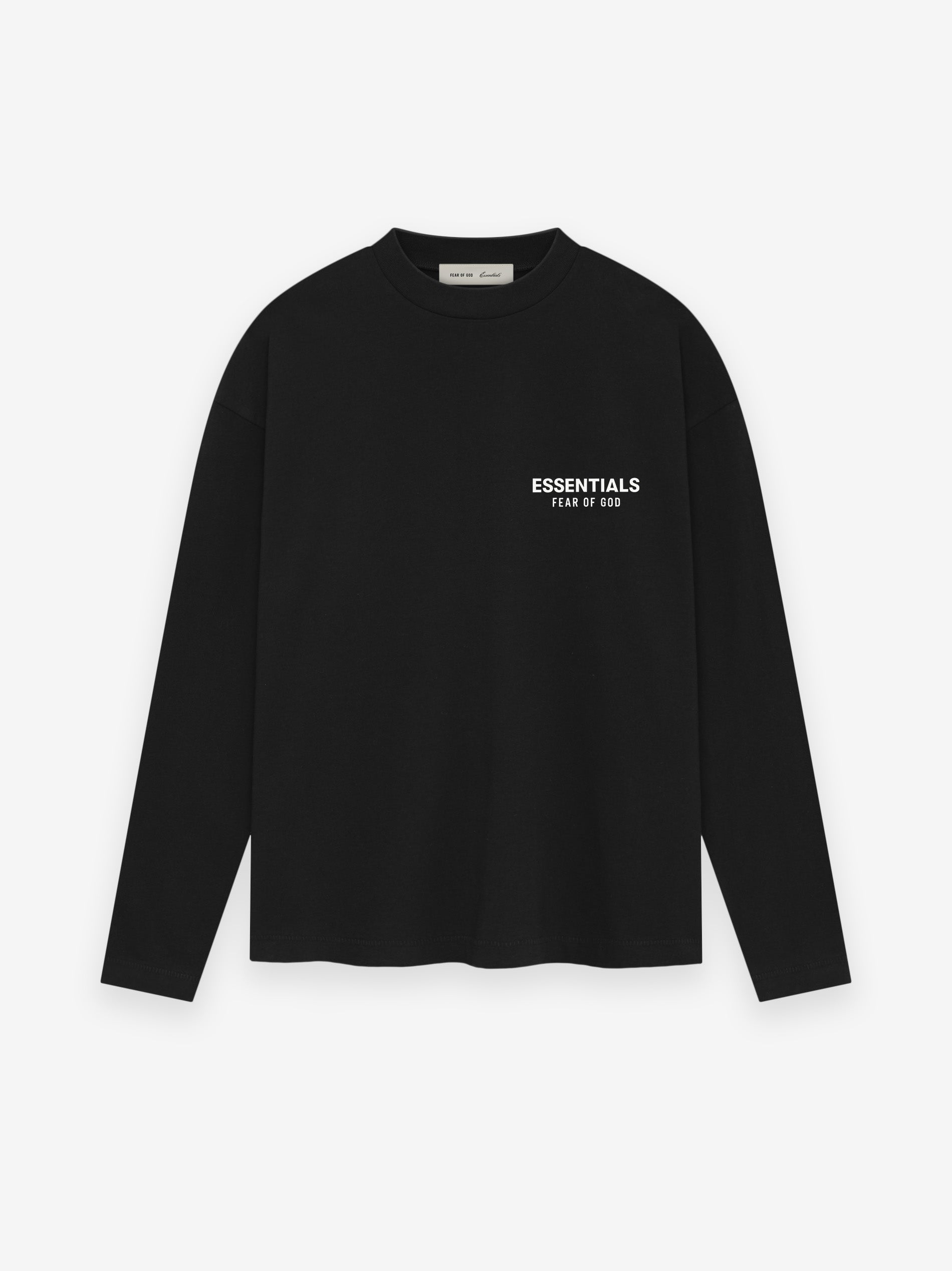 Black long-sleeve crewneck shirt with small white "ESSENTIALS FEAR OF GOD" text on upper left chest area