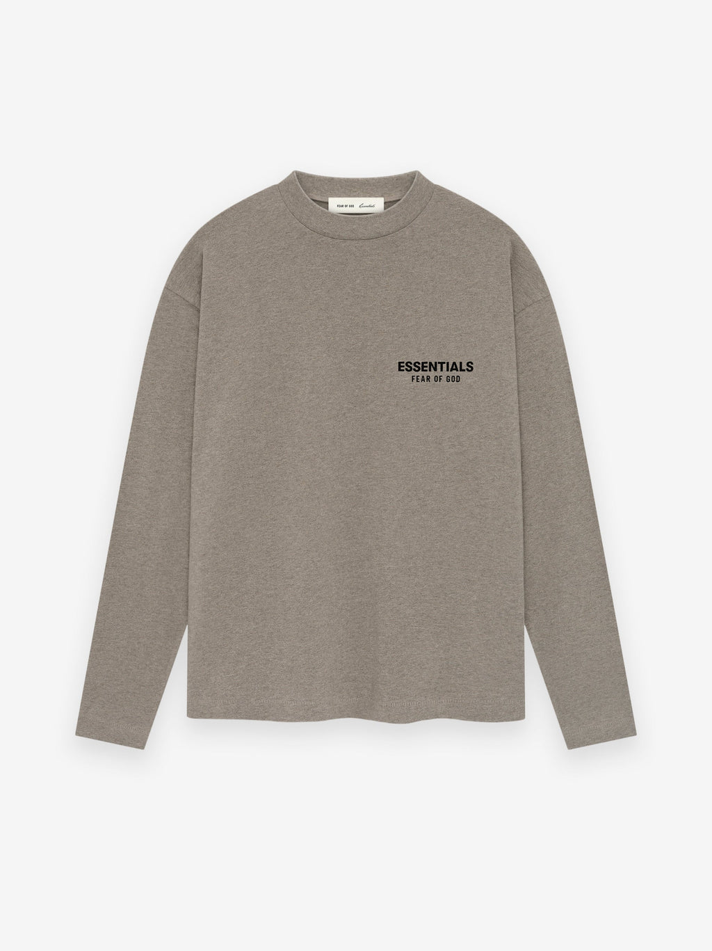 taupe medium-weight cotton jersey long sleeve tee with rib-knit crewneck and small black Essentials Fear of God logo on chest