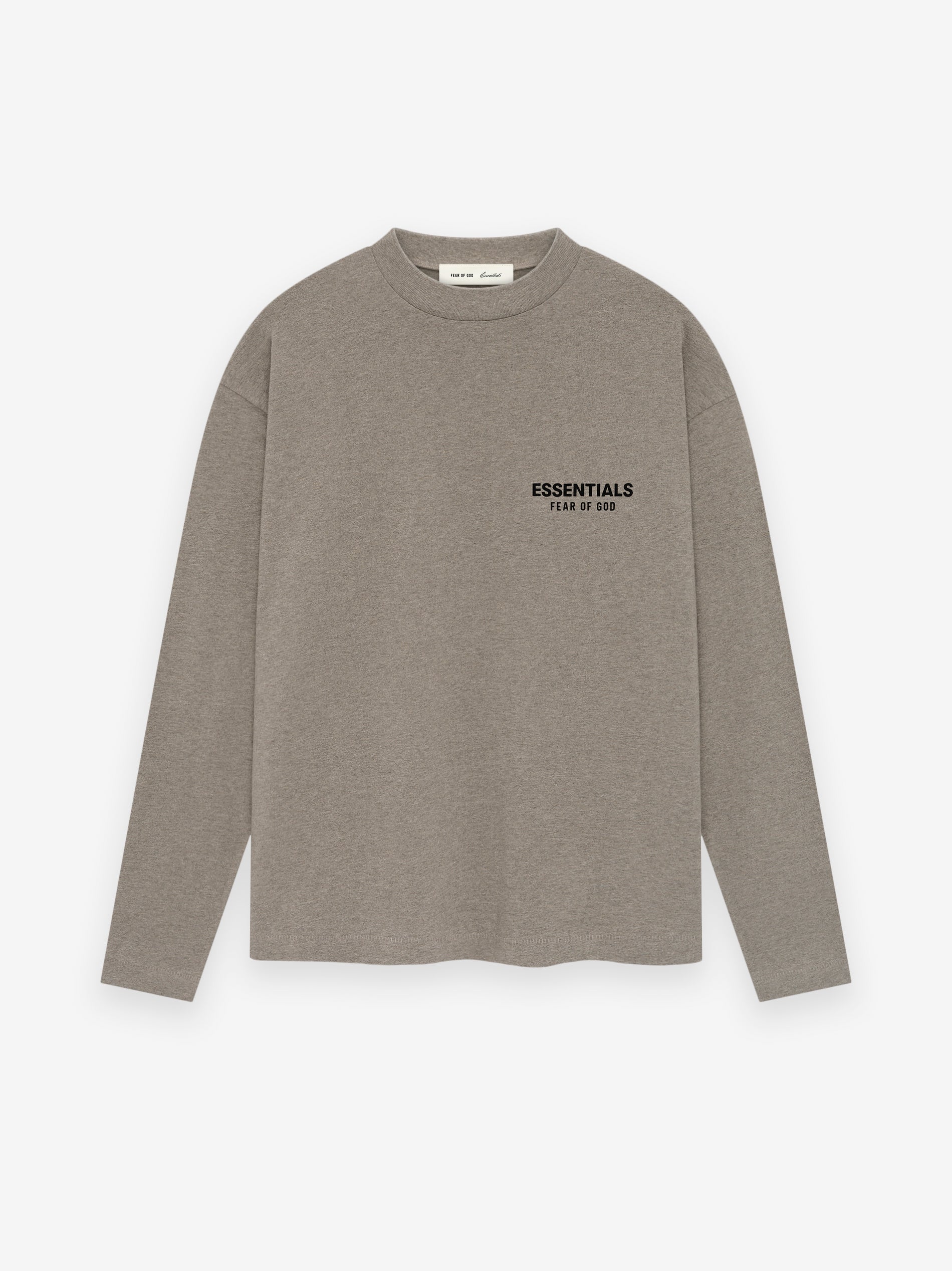taupe medium-weight cotton jersey long sleeve tee with rib-knit crewneck and small black Essentials Fear of God logo on chest