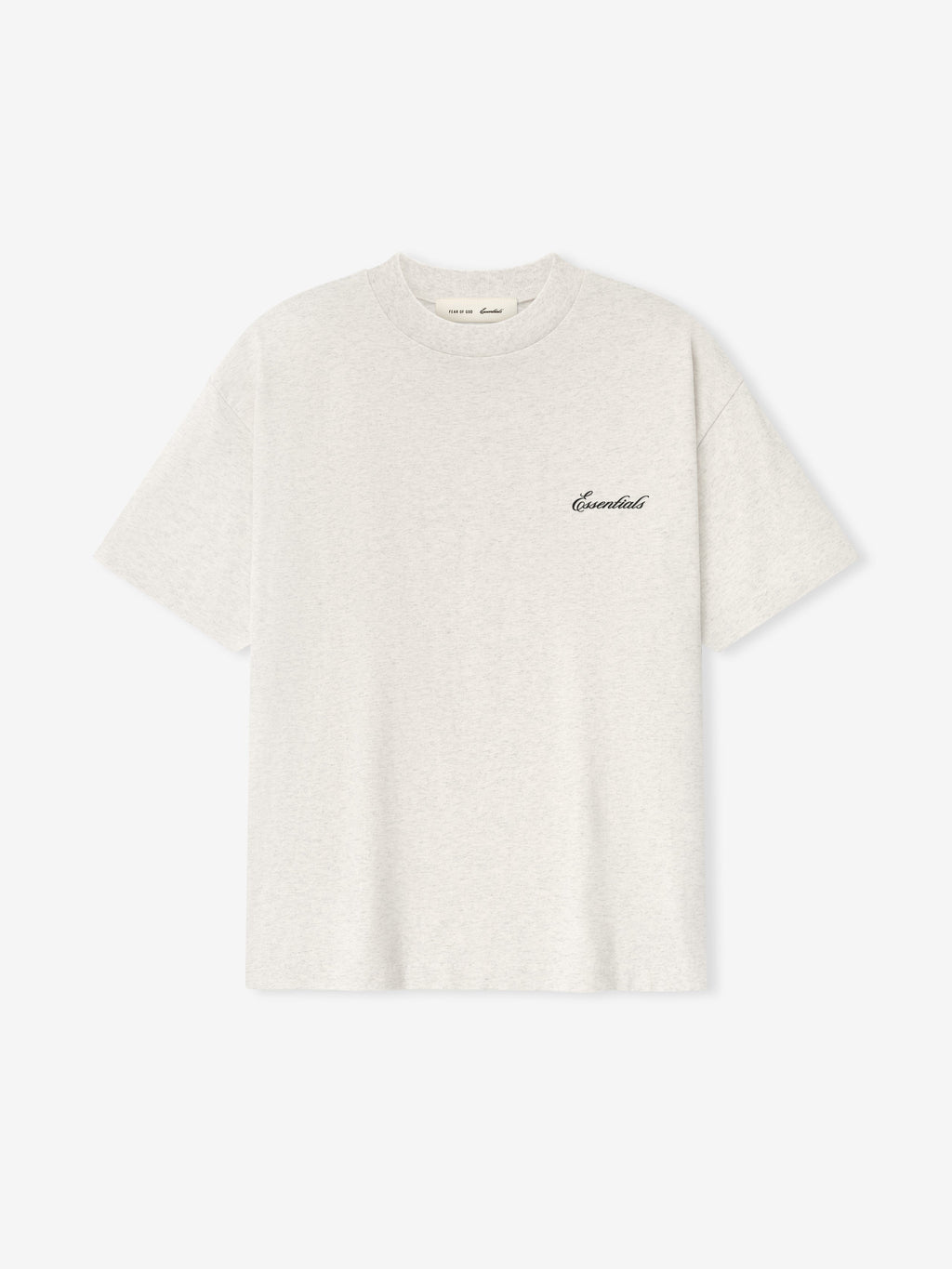 White t-shirt with essentials script logo on a white background