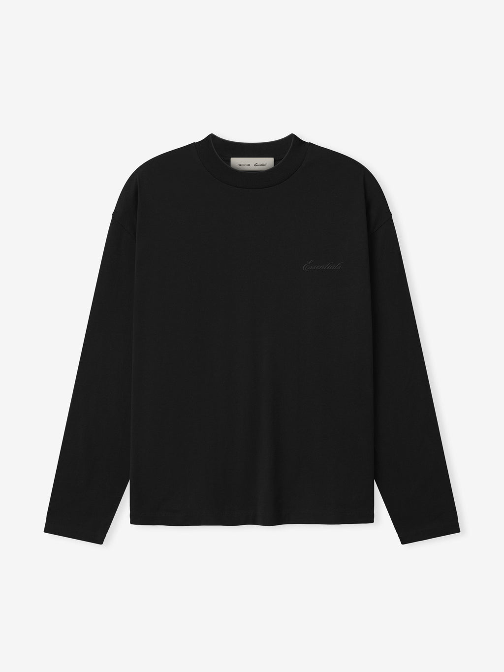 Front view of black long-sleeve shirt with black "Essentials" script embroidered on front of shirt.