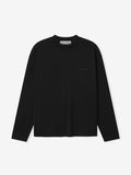 Front view of black long-sleeve shirt with black "Essentials" script embroidered on front of shirt.