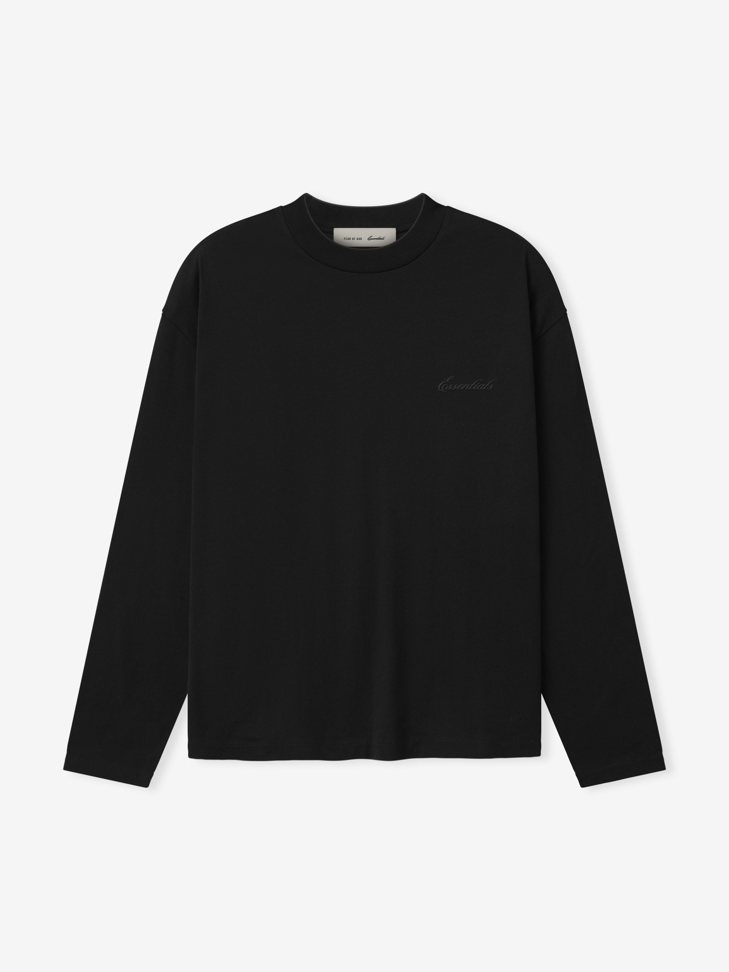 Front view of black long-sleeve shirt with black "Essentials" script embroidered on front of shirt.