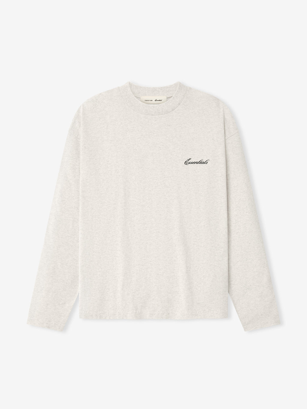 light grey medium-weight cotton jersey long sleeve tee with small black Essentials script logo on chest