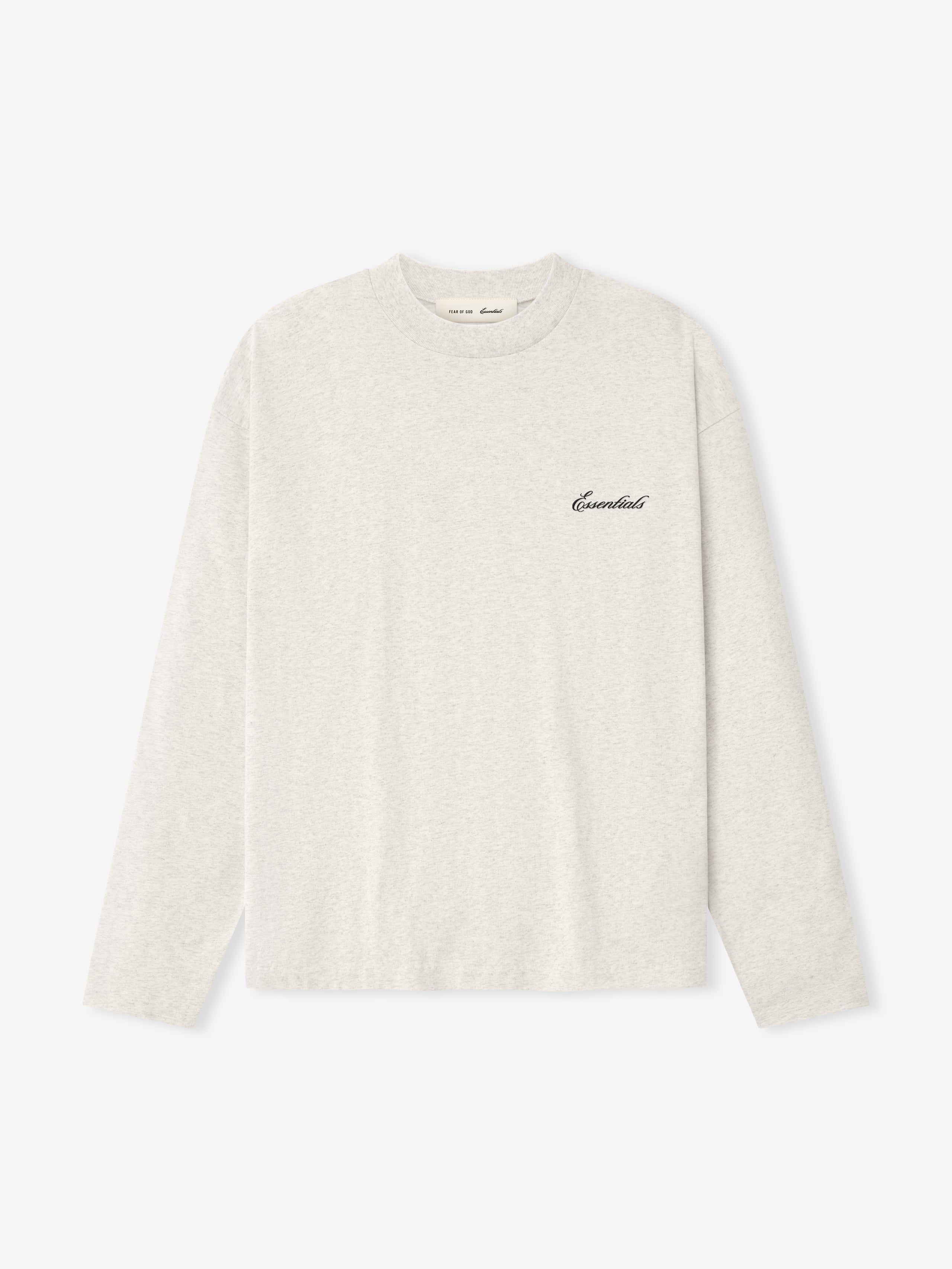 light grey medium-weight cotton jersey long sleeve tee with small black Essentials script logo on chest