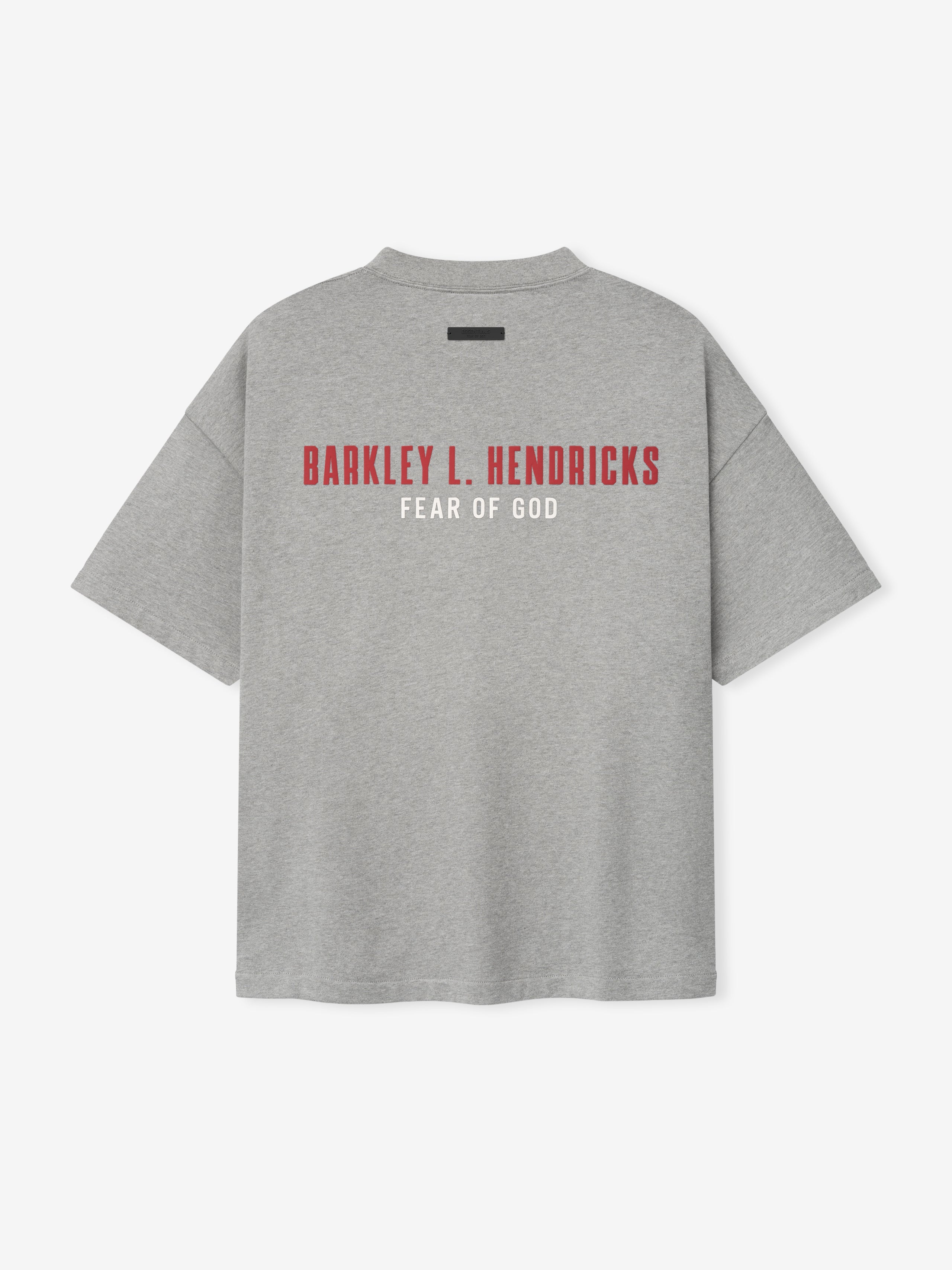grey oversized cotton jersey t-shirt with red Barkley L. Hendricks text and white Fear of God branding on back