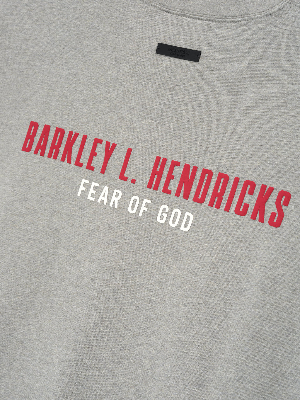 grey heavyweight cotton jersey fabric with bold red Barkley L. Hendricks text and white Fear of God lettering on chest