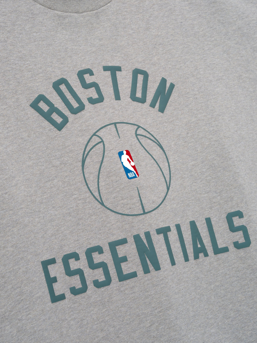 grey cotton jersey tee with Boston Essentials text and NBA logo basketball graphic at center chest