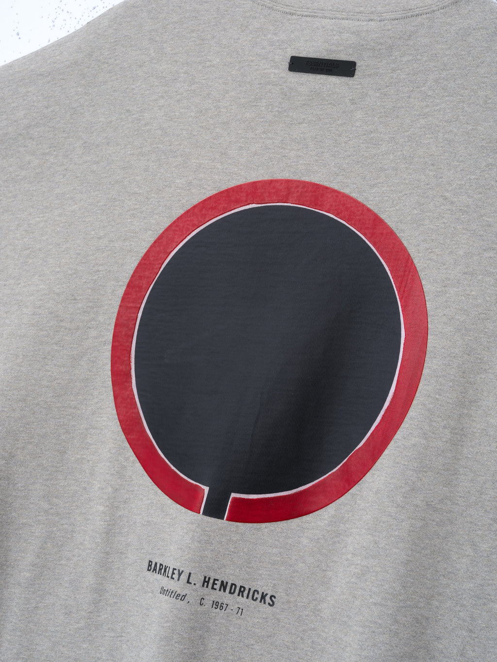 light grey heavy cotton jersey tee with large stylized circular graphic and Barkley L. Hendricks text below center back