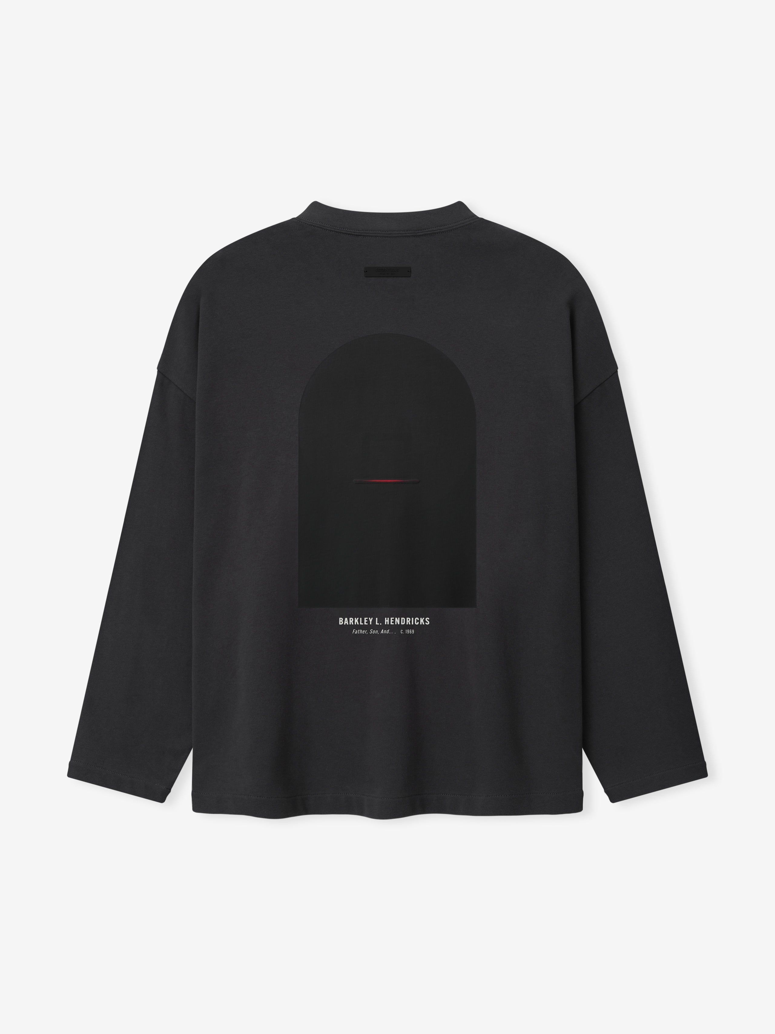 black oversized heavy cotton long sleeve tee with abstract dark arch graphic and Barkley L. Hendricks text below back center