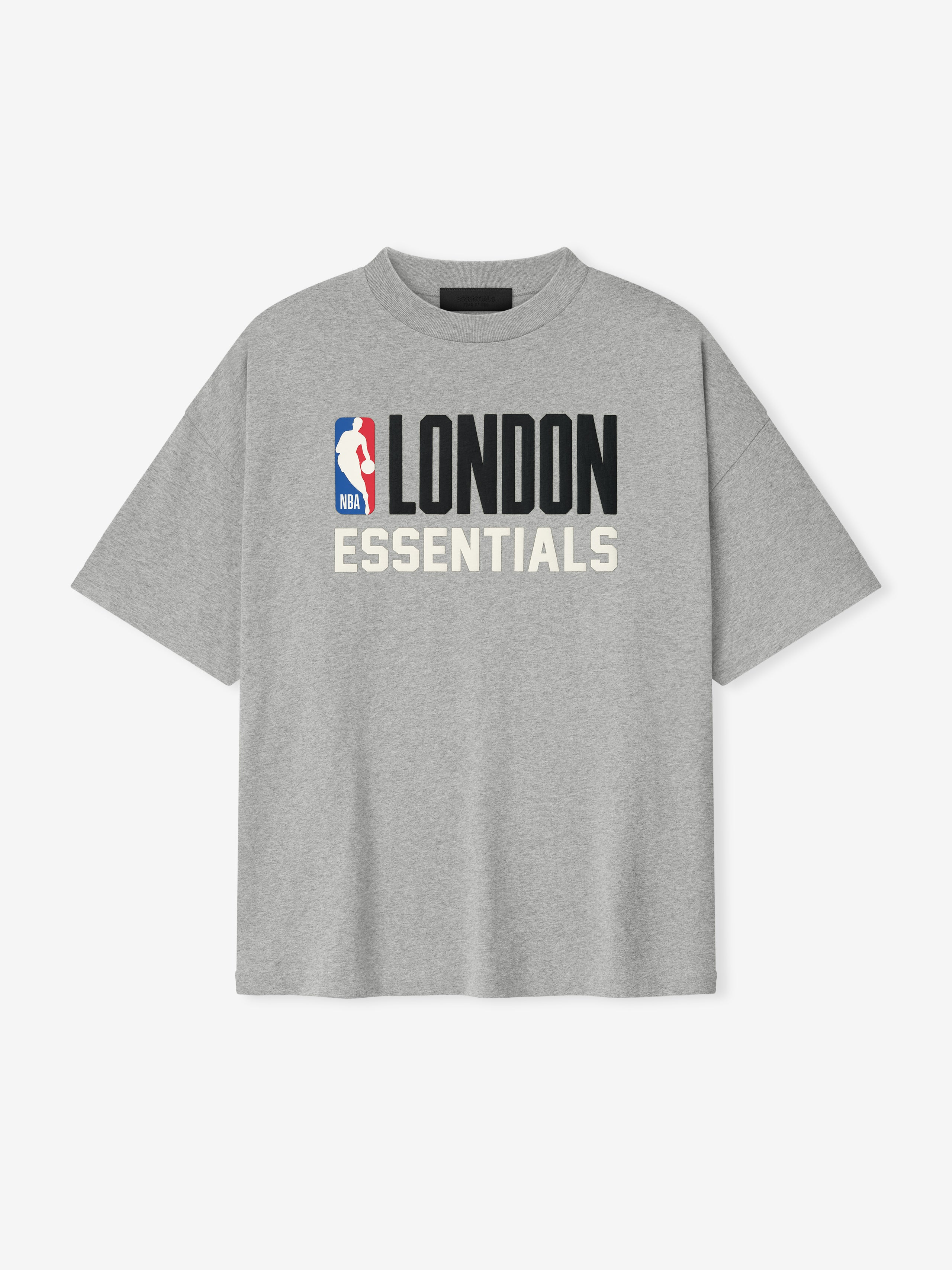 Front view of concrete heather London 90s Fit Tee with bold black LONDON and cream ESSENTIALS text, gallery image 0