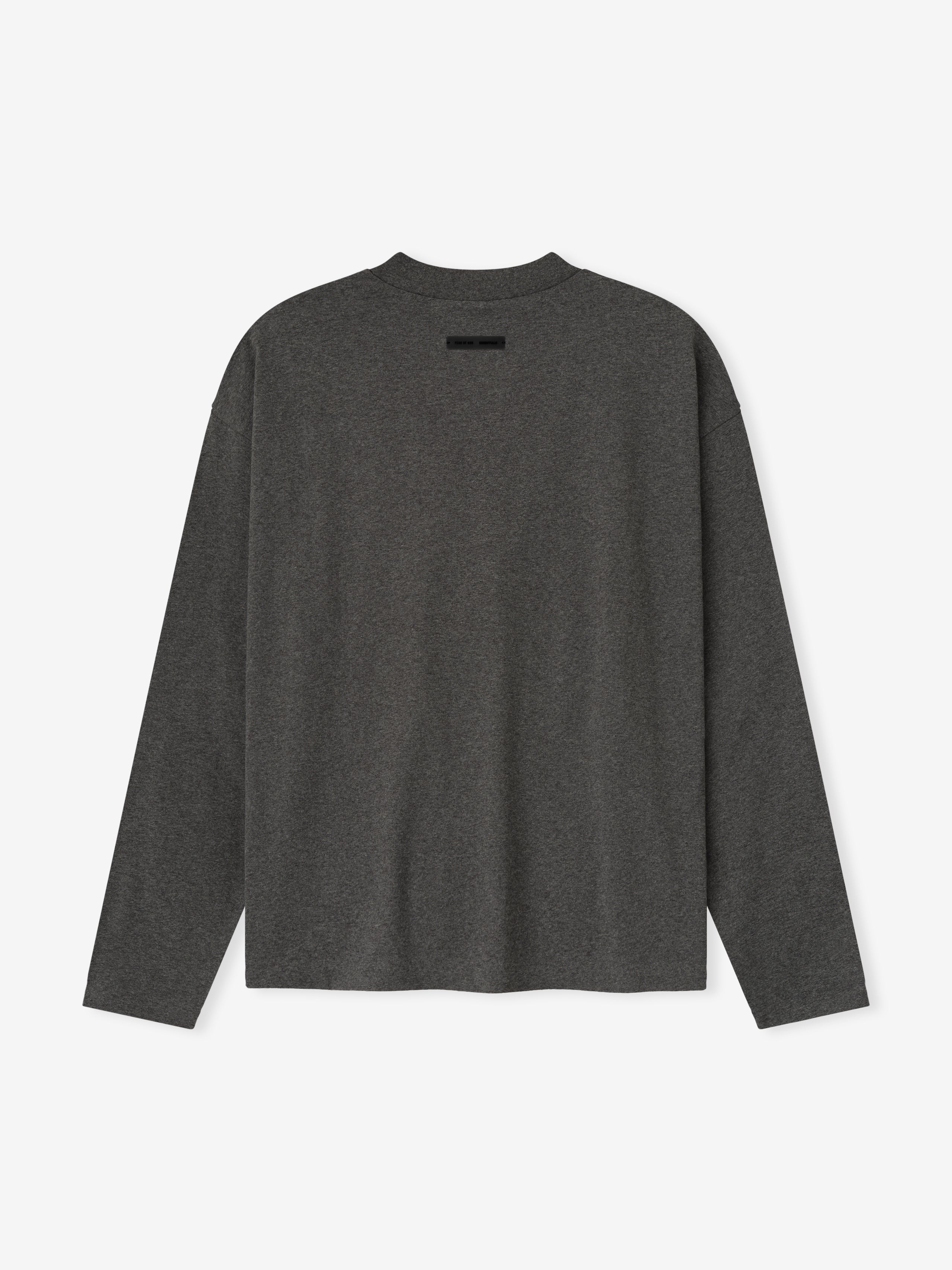Back view of charcoal heather Embroidered Classic Fit Long Sleeve Tee showing small logo patch near neckline, gallery image 0