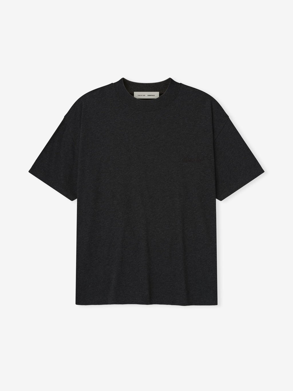 Flat lay of vintage black Embroidered Essential Tee shirt with minimalist front design, gallery image one file name detail 125HO254281F
