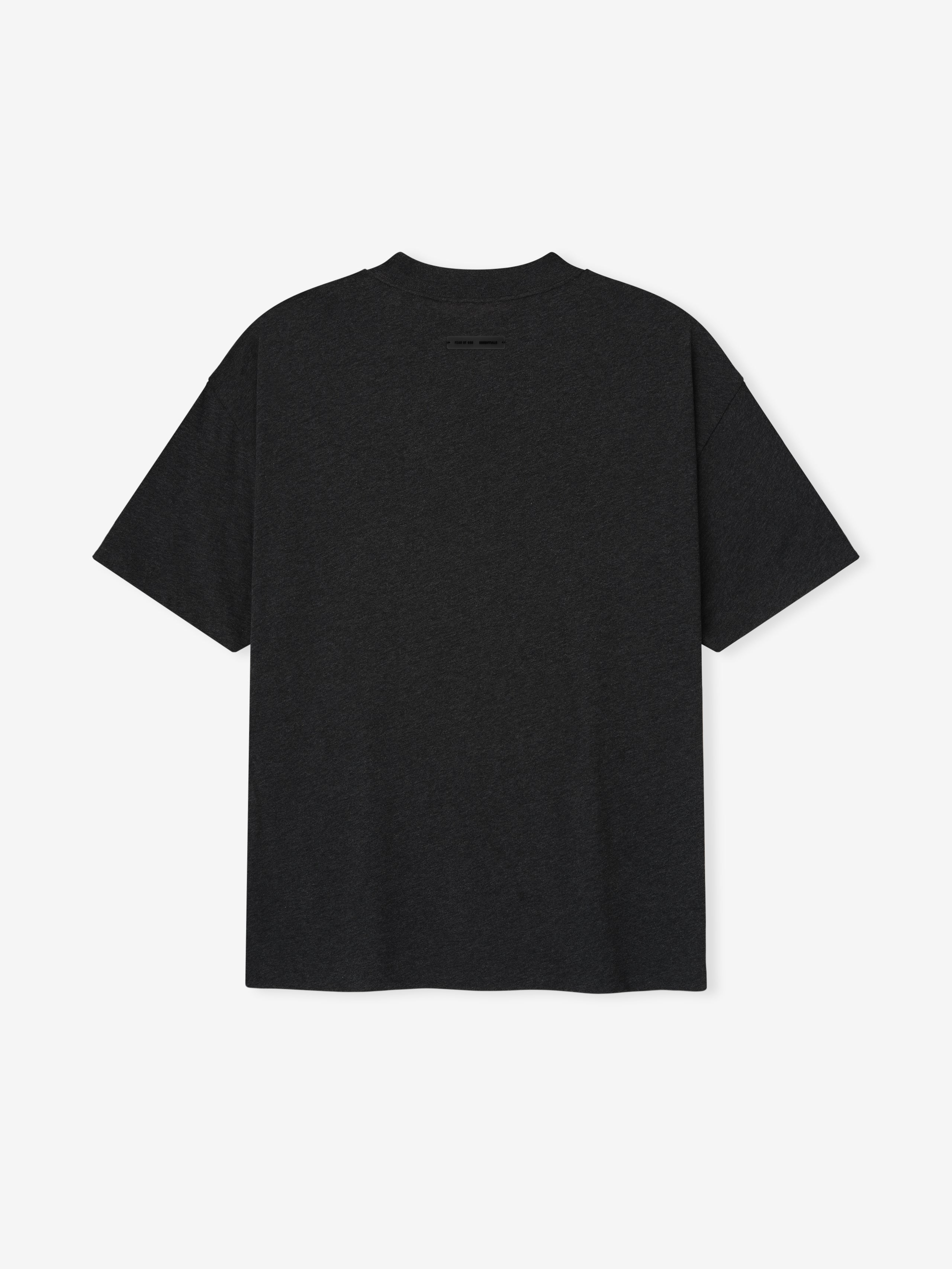 Back view of vintage black Embroidered Essential Tee with subtle tonal embroidery near neckline, flat lay image 0