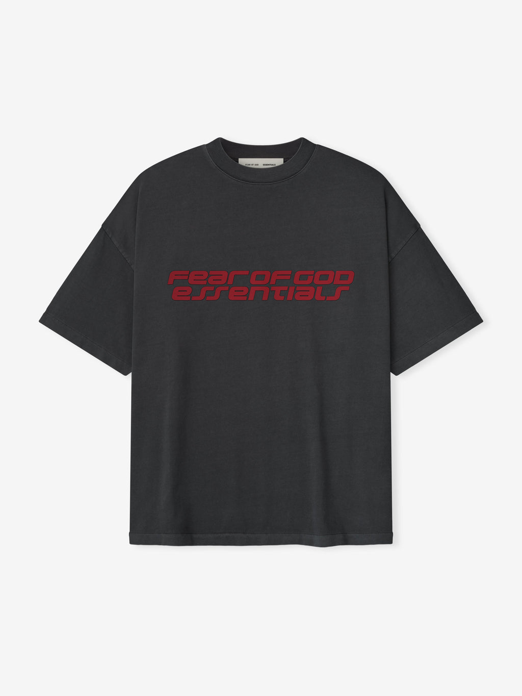 Iron grey Fear of God Essentials 90s Tee with bold red logo text across chest, flat lay front view, gallery first image