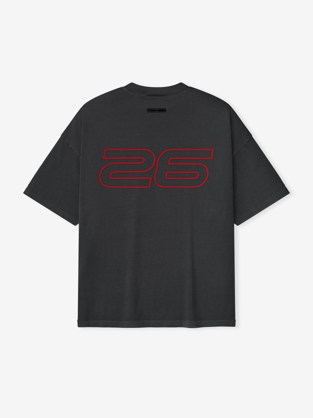 Rear view of iron grey Fear of God Essentials 90s Tee with bold red outlined 26 print on soft fabric