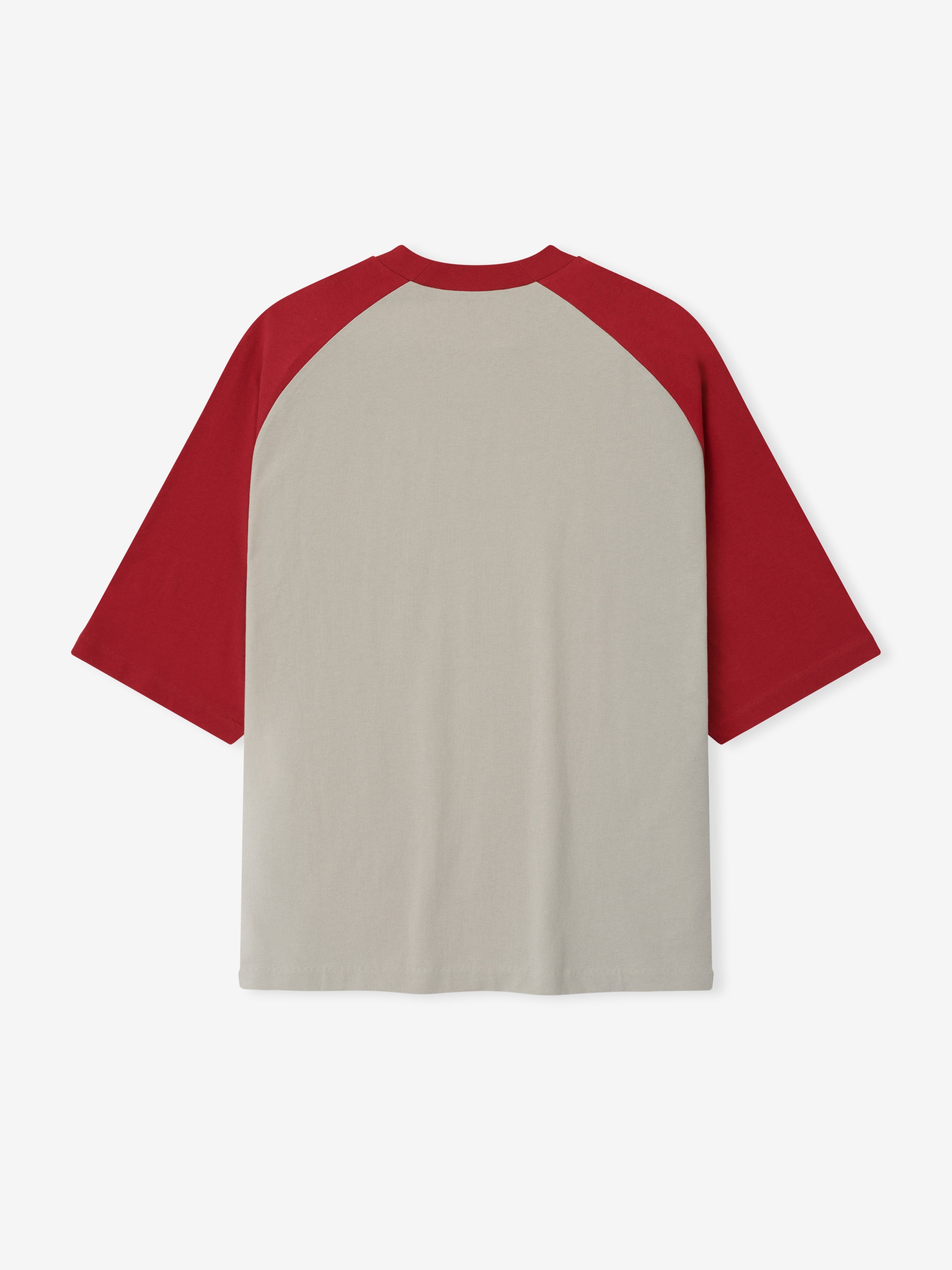 Back view of baseball tee featuring smoke grey body and deep crimson raglan sleeves, flat lay on white background.