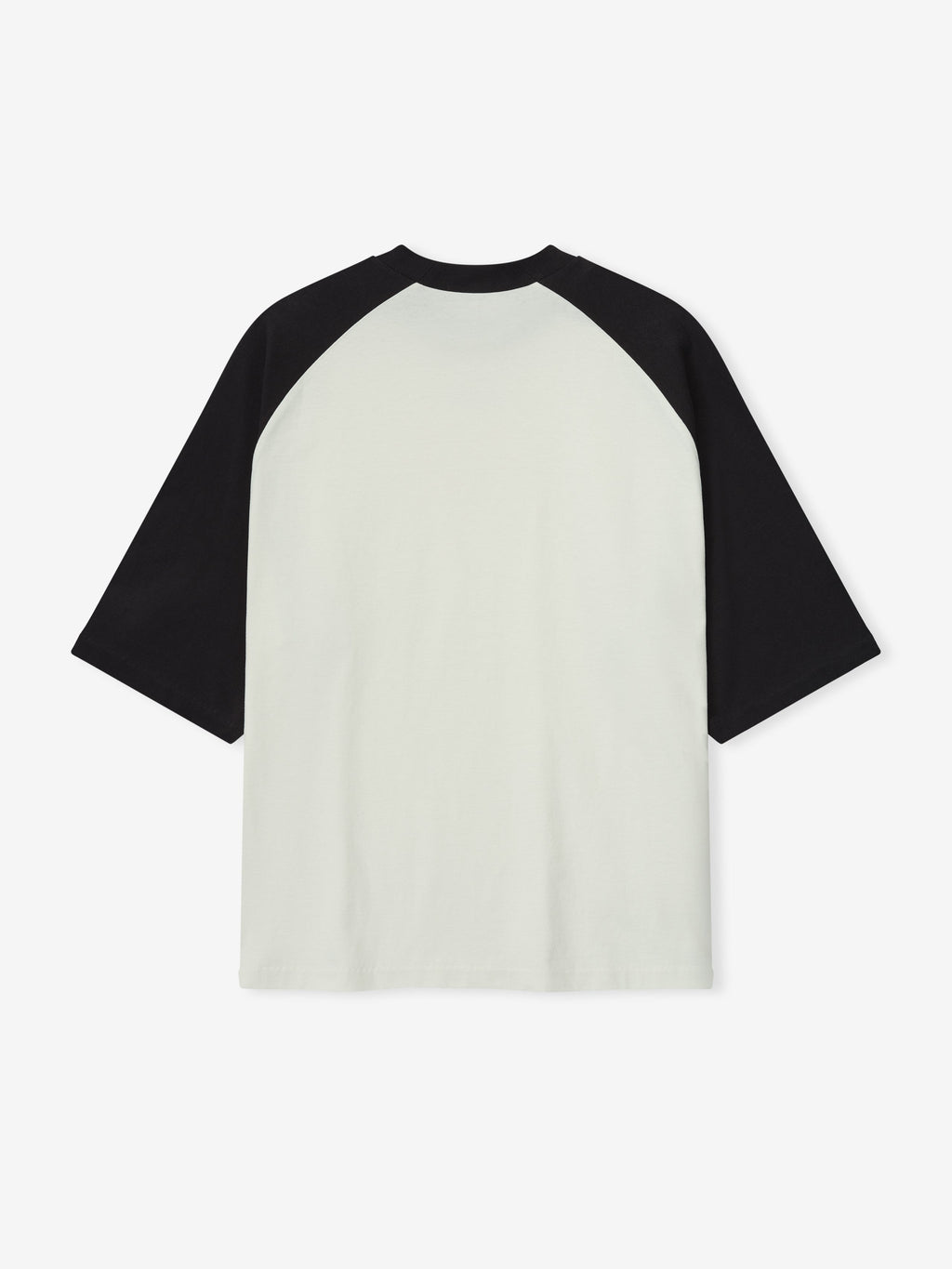 Back view of ivory baseball tee with black raglan sleeves and round neckline, flat lay on white background.