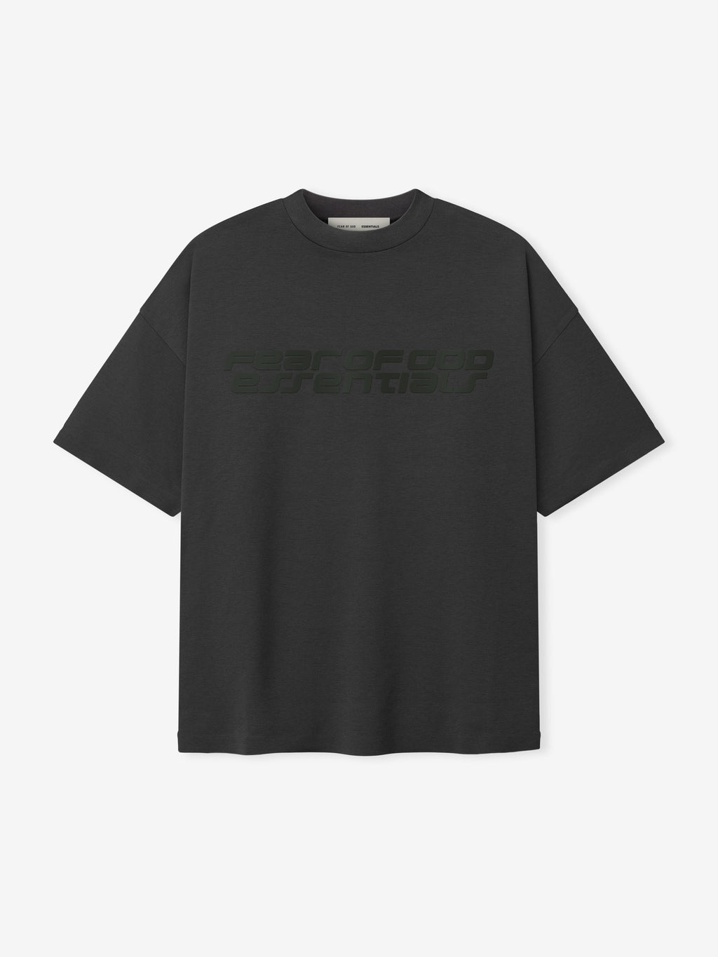 Front view of iron grey Ponte 90s Tee with dropped shoulders and subtle tonal Fear of God Essentials logo text across chest