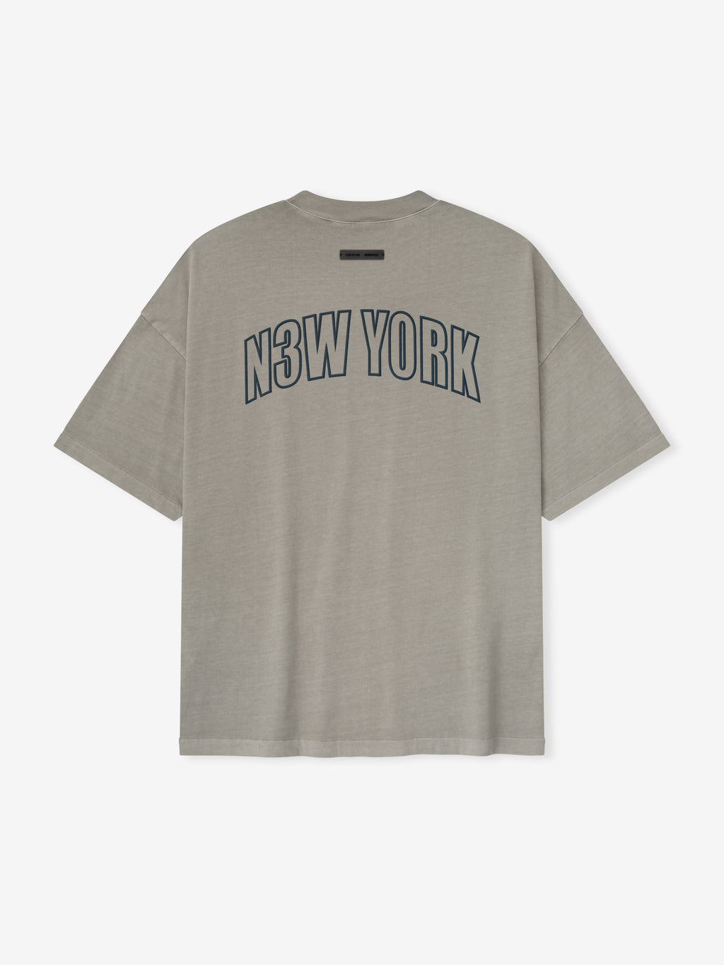 Back view of smoke grey New York 90s Tee with large navy N3W YORK print in curved design on soft cotton fabric