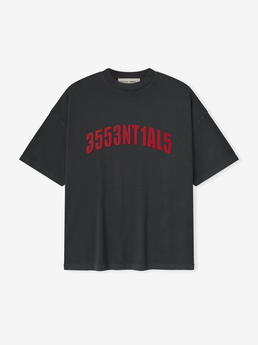 Front view of iron grey Chicago 90s Tee with curved red alphanumeric print on relaxed fit short sleeve cotton fabric