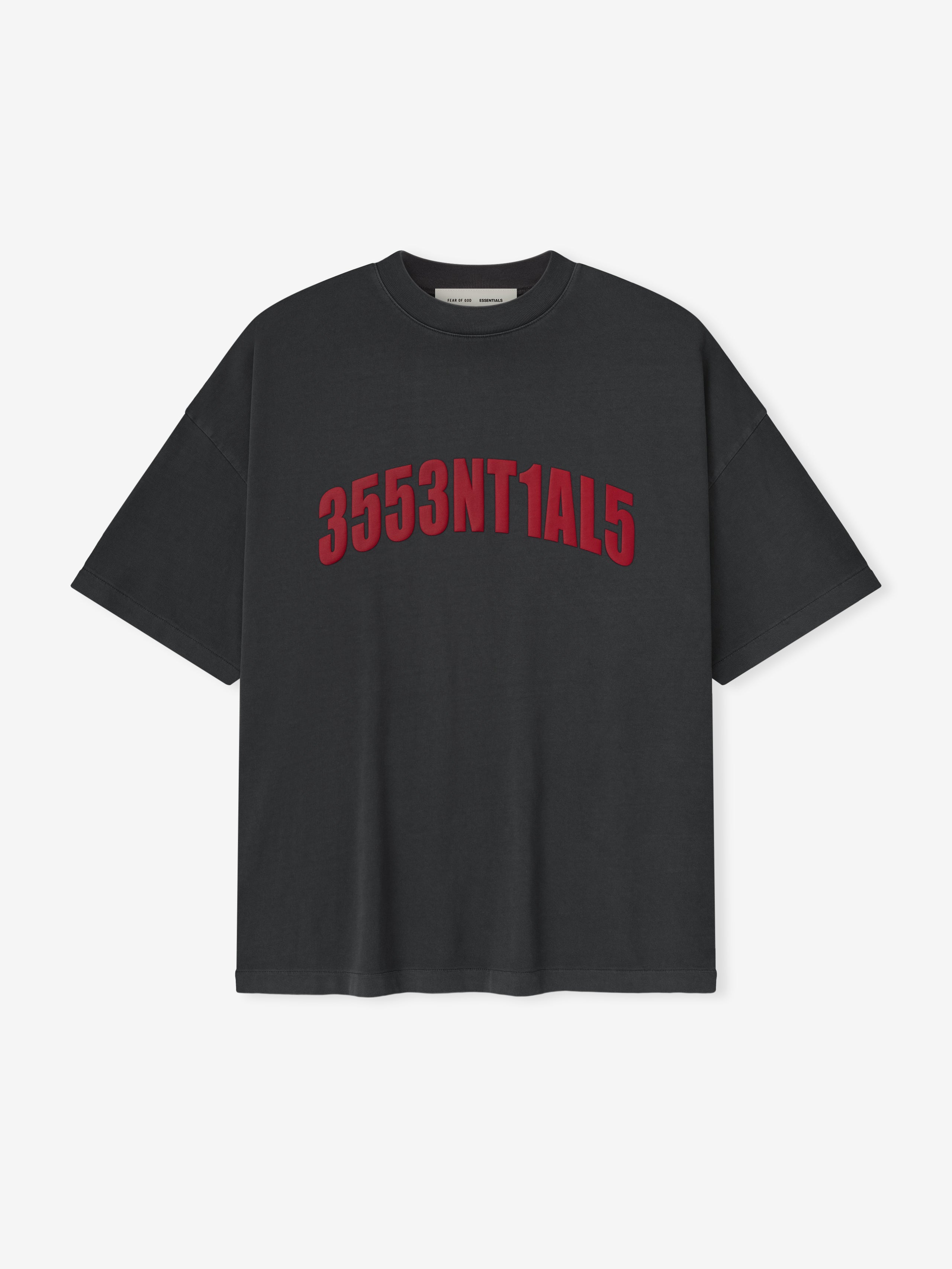 Front view of iron grey Chicago 90s Tee with curved red alphanumeric print on relaxed fit short sleeve cotton fabric