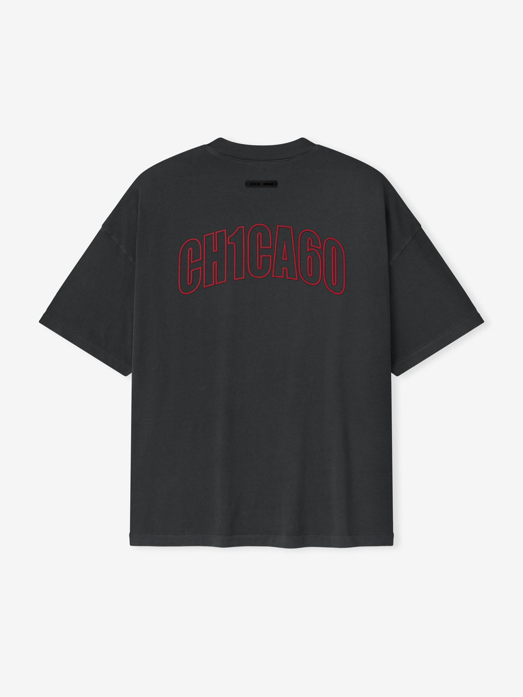 Back view of iron grey Chicago 90s Tee with outlined red CH1CA60 print on smooth fabric, short sleeve design
