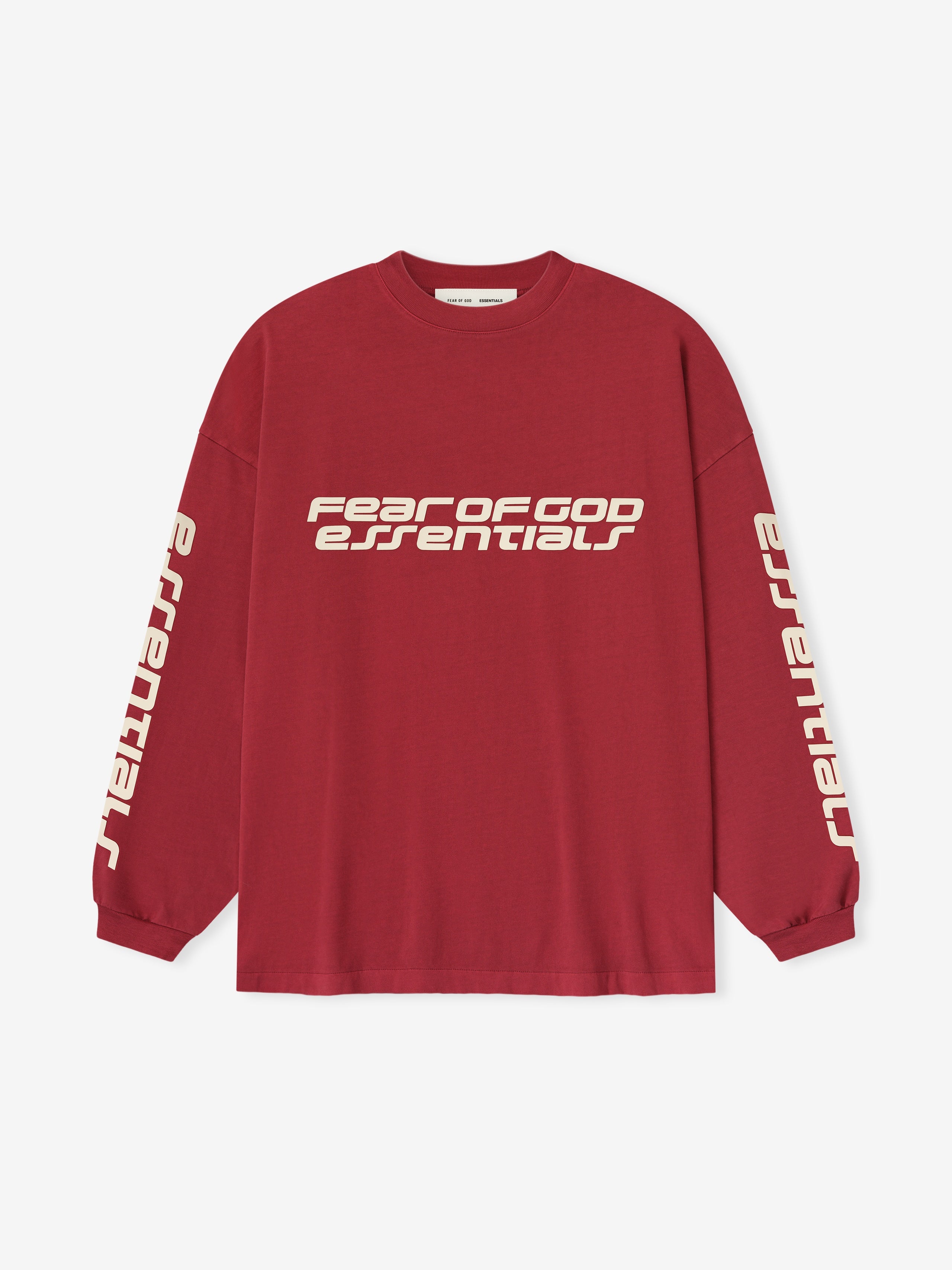 Crimson 90s Long Sleeve Tee with Fear of God Essentials logo across chest and text down both sleeves, gallery 0.