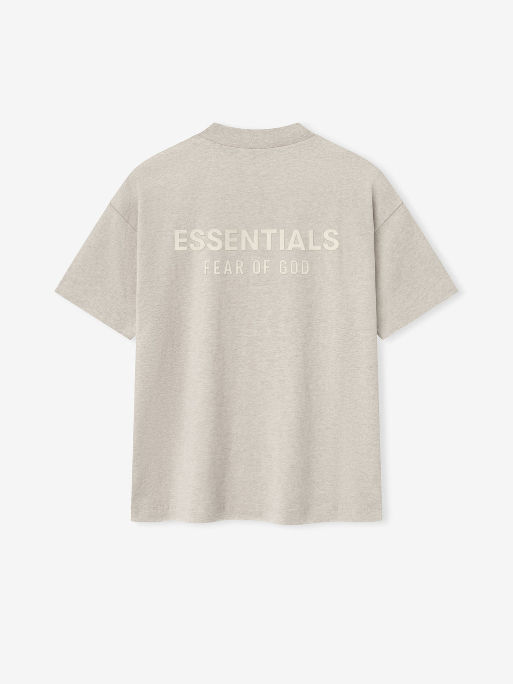back view of light beige medium-weight cotton tee with ESSENTIALS Fear of God printed logo across upper back