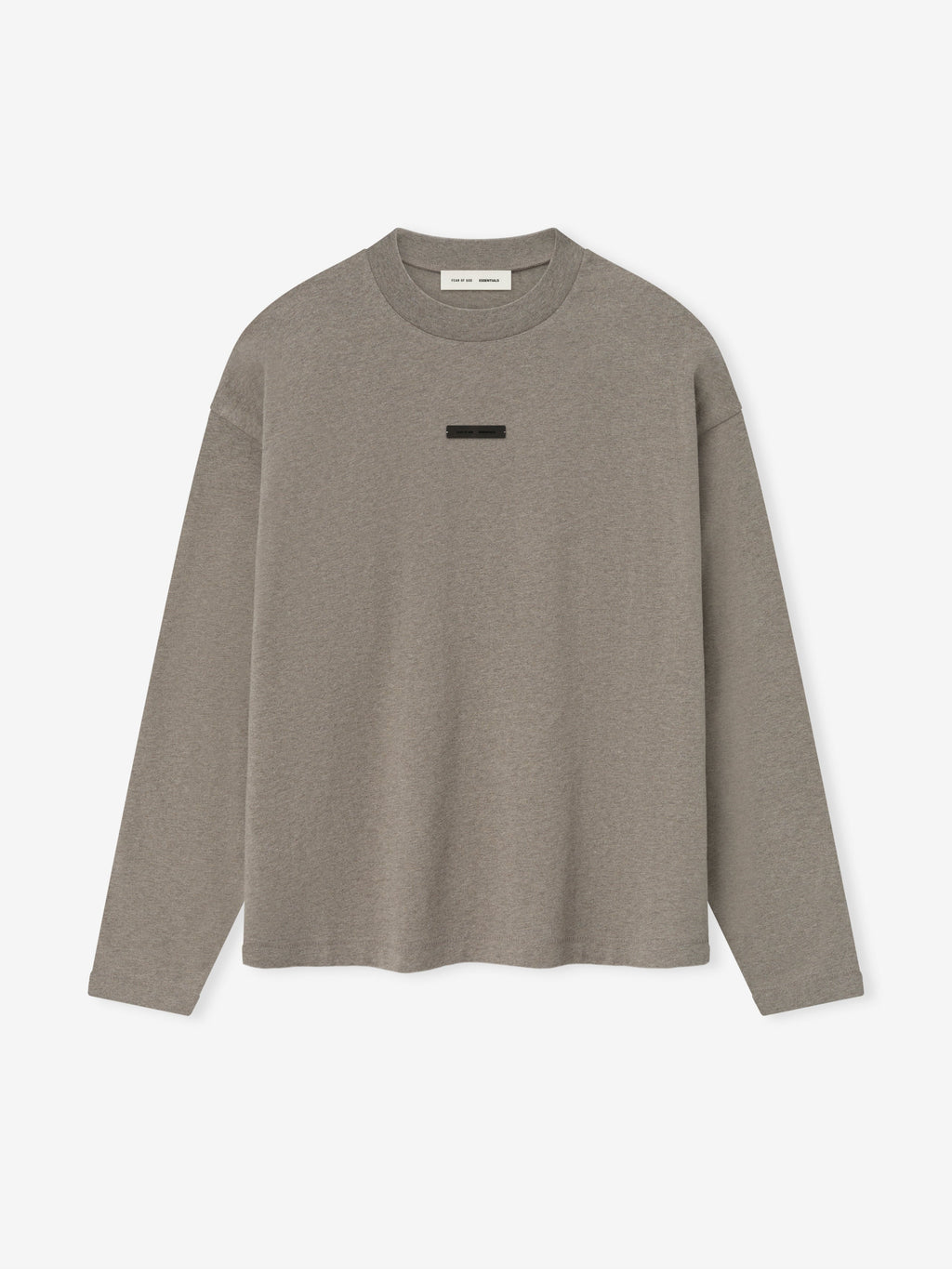front view of taupe medium-weight cotton long sleeve tee with rib-knit crewneck and small rectangular chest logo patch