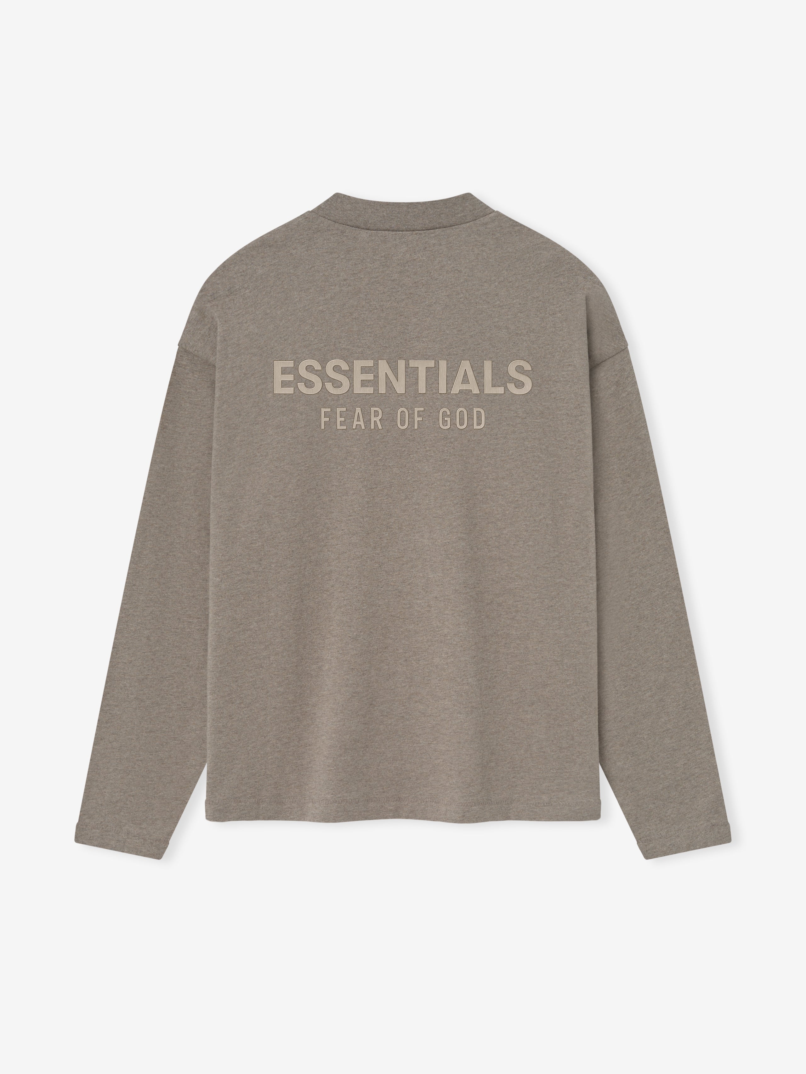 back view of taupe medium-weight cotton long sleeve tee with ESSENTIALS Fear of God printed logo on upper back