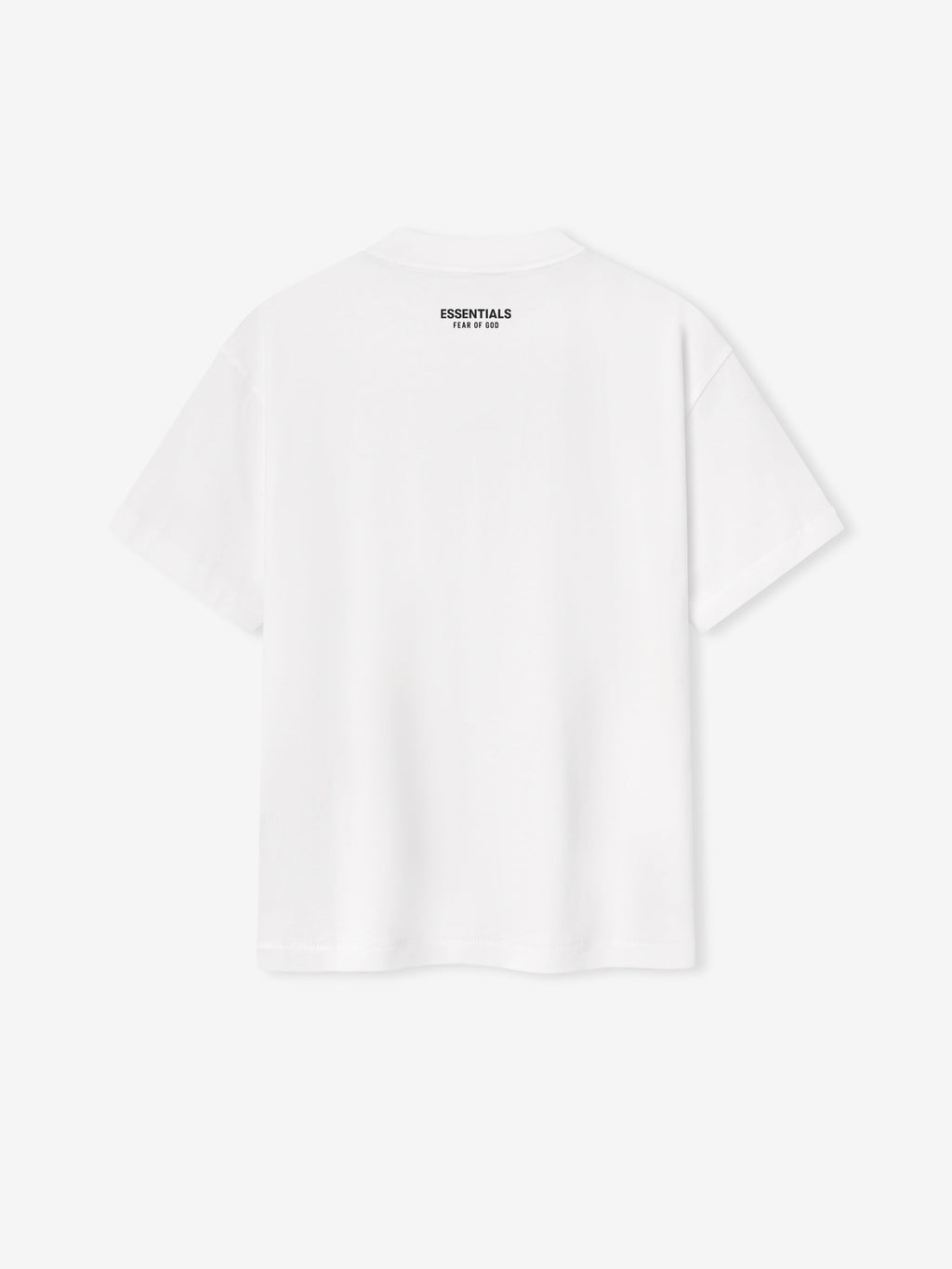 back view of white lightweight cotton jersey tee with short sleeves and small ESSENTIALS Fear of God logo printed on upper back