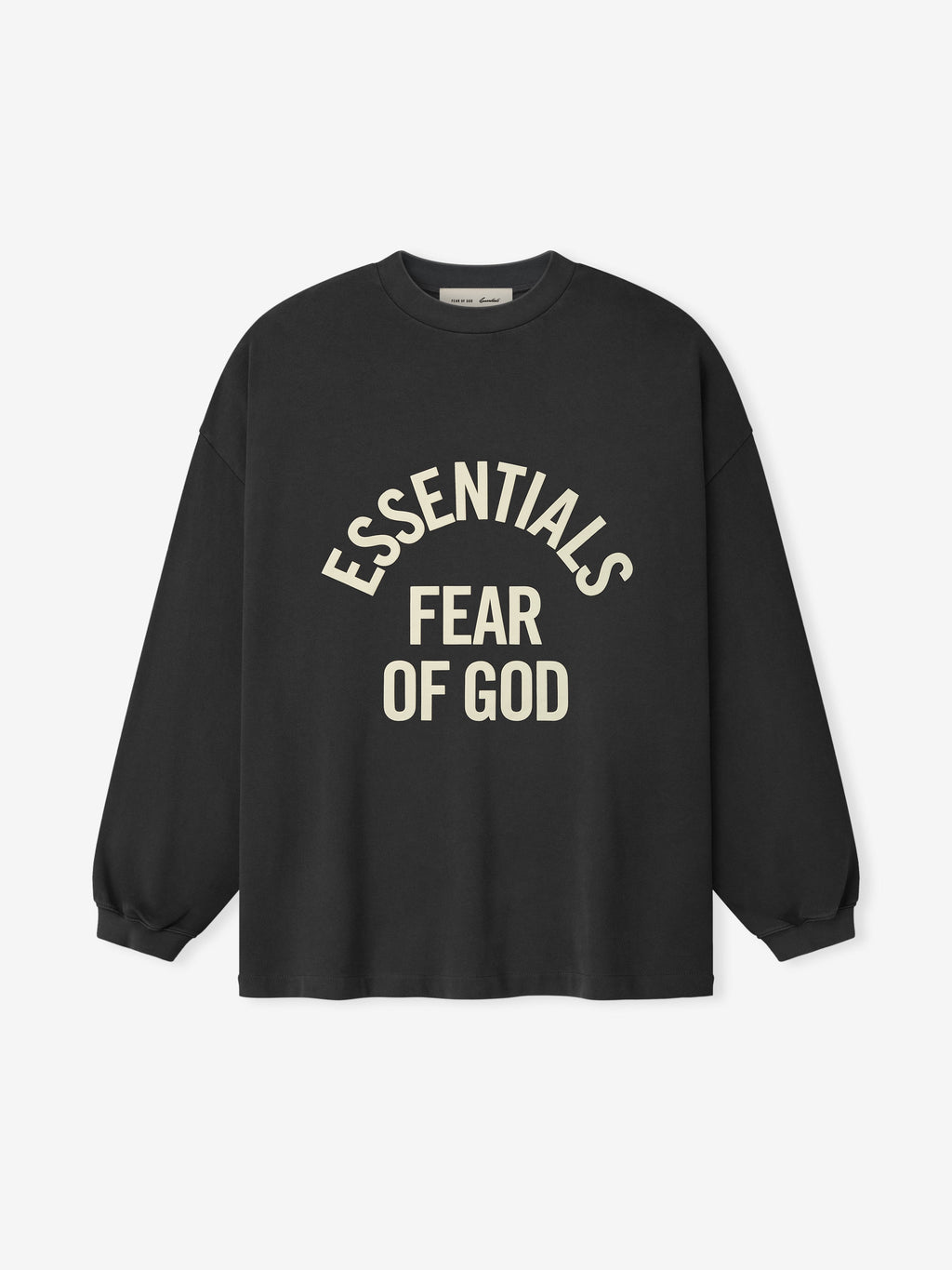 black heavyweight cotton long sleeve tee with oversized fit and arched ESSENTIALS FEAR OF GOD text on front