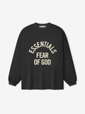 black heavyweight cotton long sleeve tee with oversized fit and arched ESSENTIALS FEAR OF GOD text on front