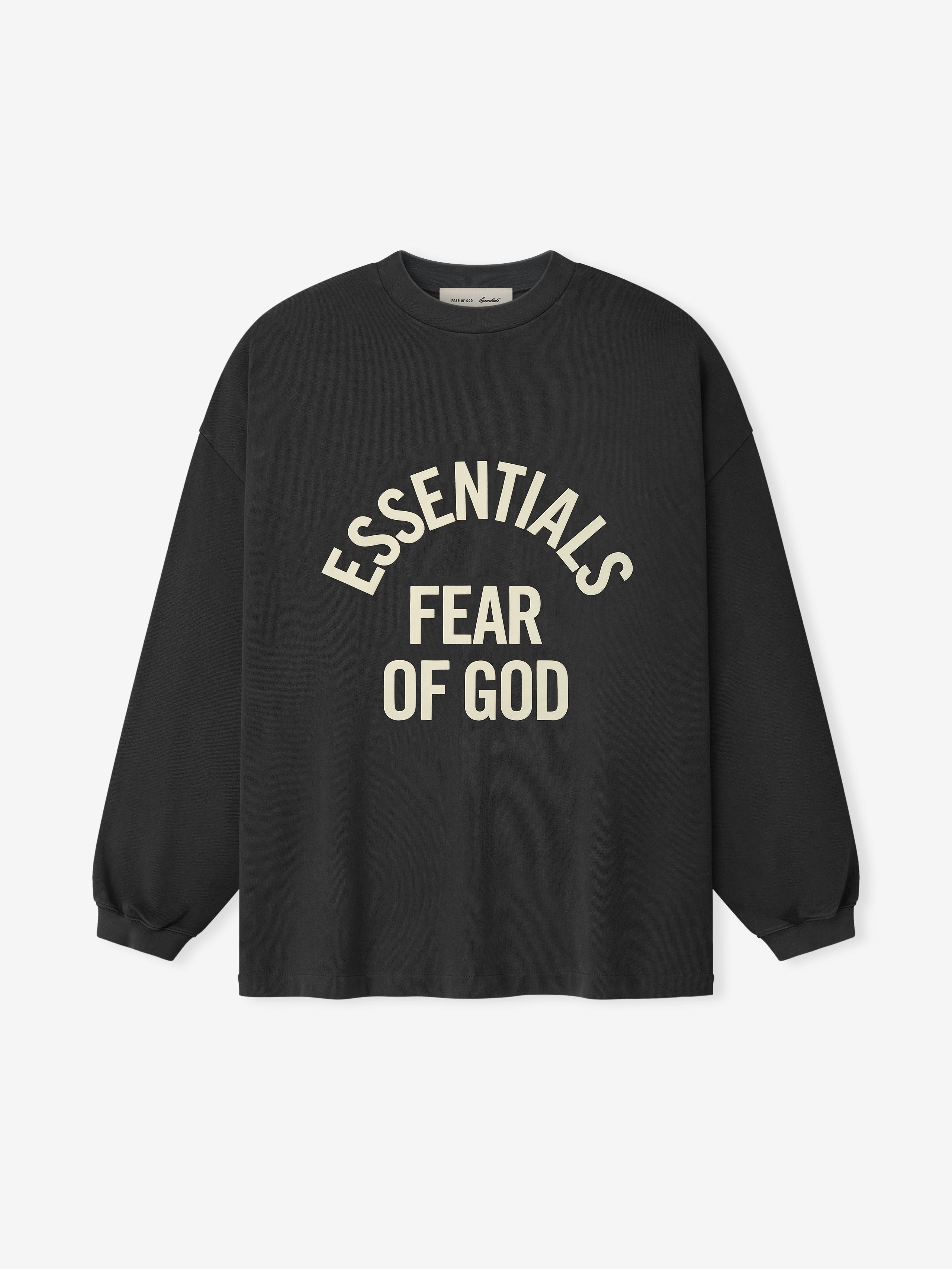 black heavyweight cotton long sleeve tee with oversized fit and arched ESSENTIALS FEAR OF GOD text on front