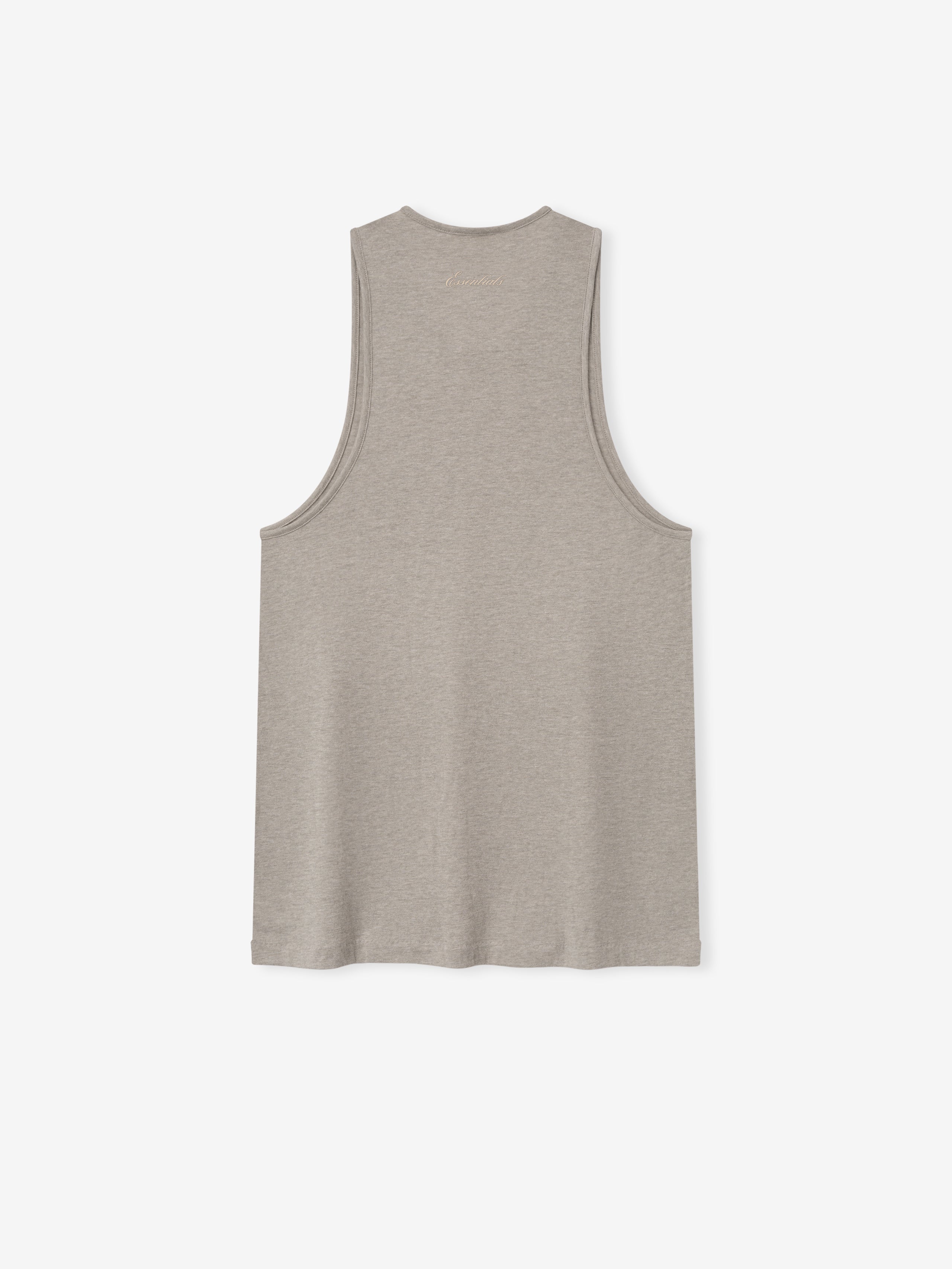 back view of lightweight taupe tri-blend U-neck tank top with vintage slim fit and extended length silhouette