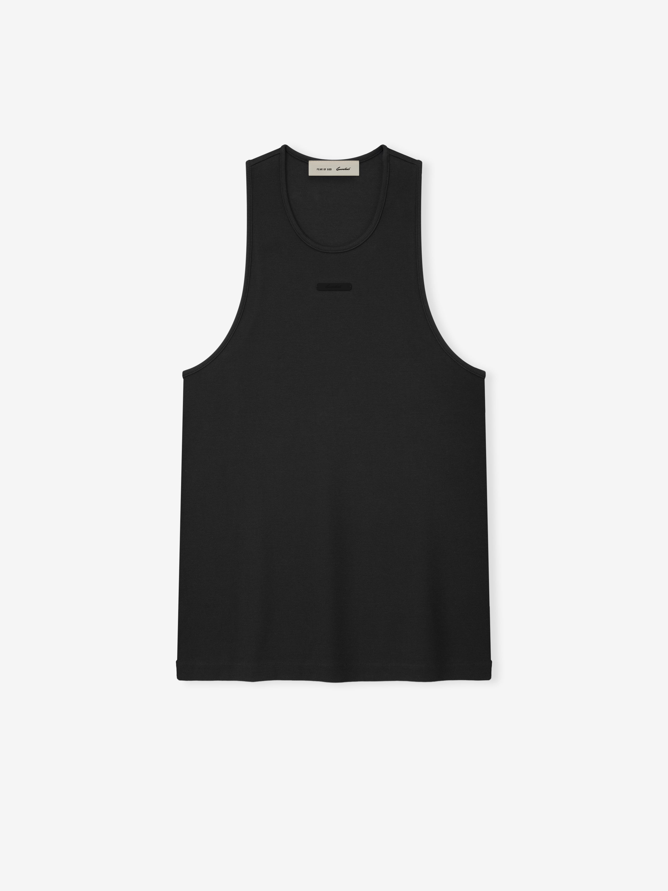 black ribbed cotton spandex tank top with relaxed fit, U-neck, dropped armholes, and subtle Essentials logo on chest