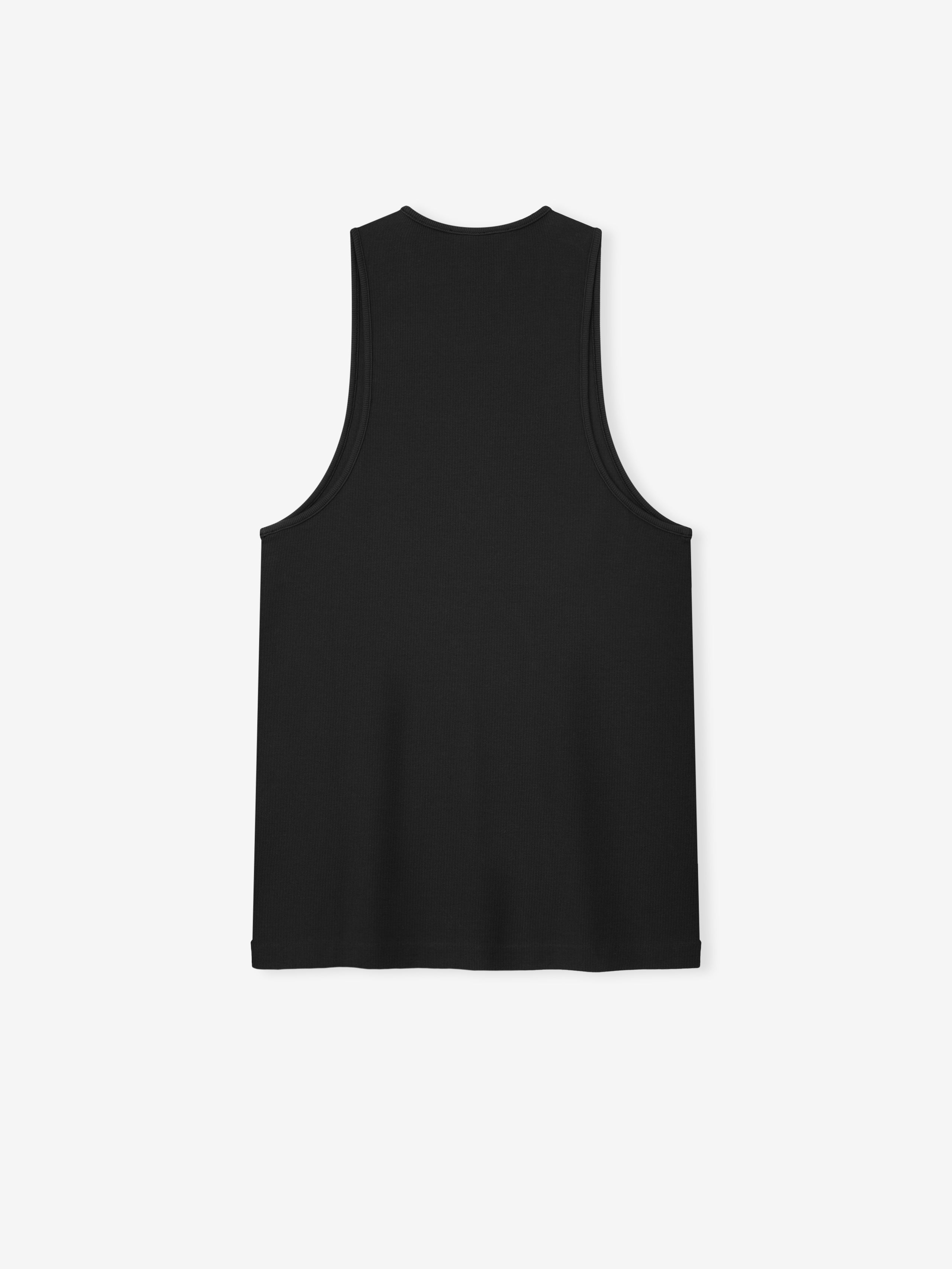 back view of black ribbed cotton spandex tank top with relaxed fit and dropped armholes