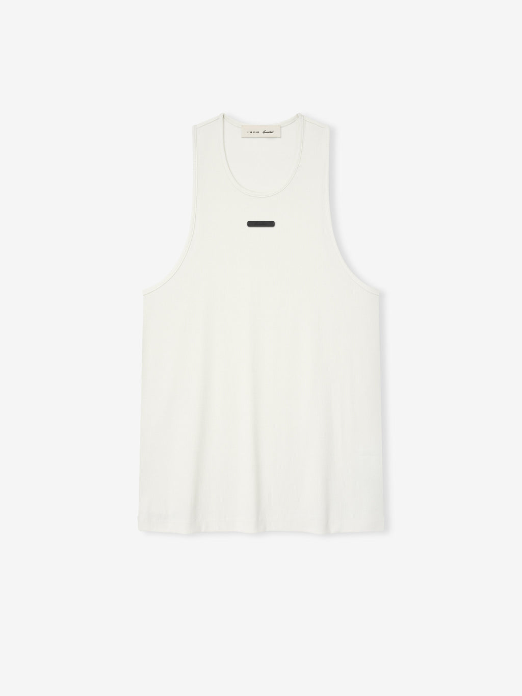 off-white ribbed cotton spandex tank top with relaxed fit, U-neck, dropped armholes, and minimalist Essentials logo on chest