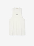off-white ribbed cotton spandex tank top with relaxed fit, U-neck, dropped armholes, and minimalist Essentials logo on chest