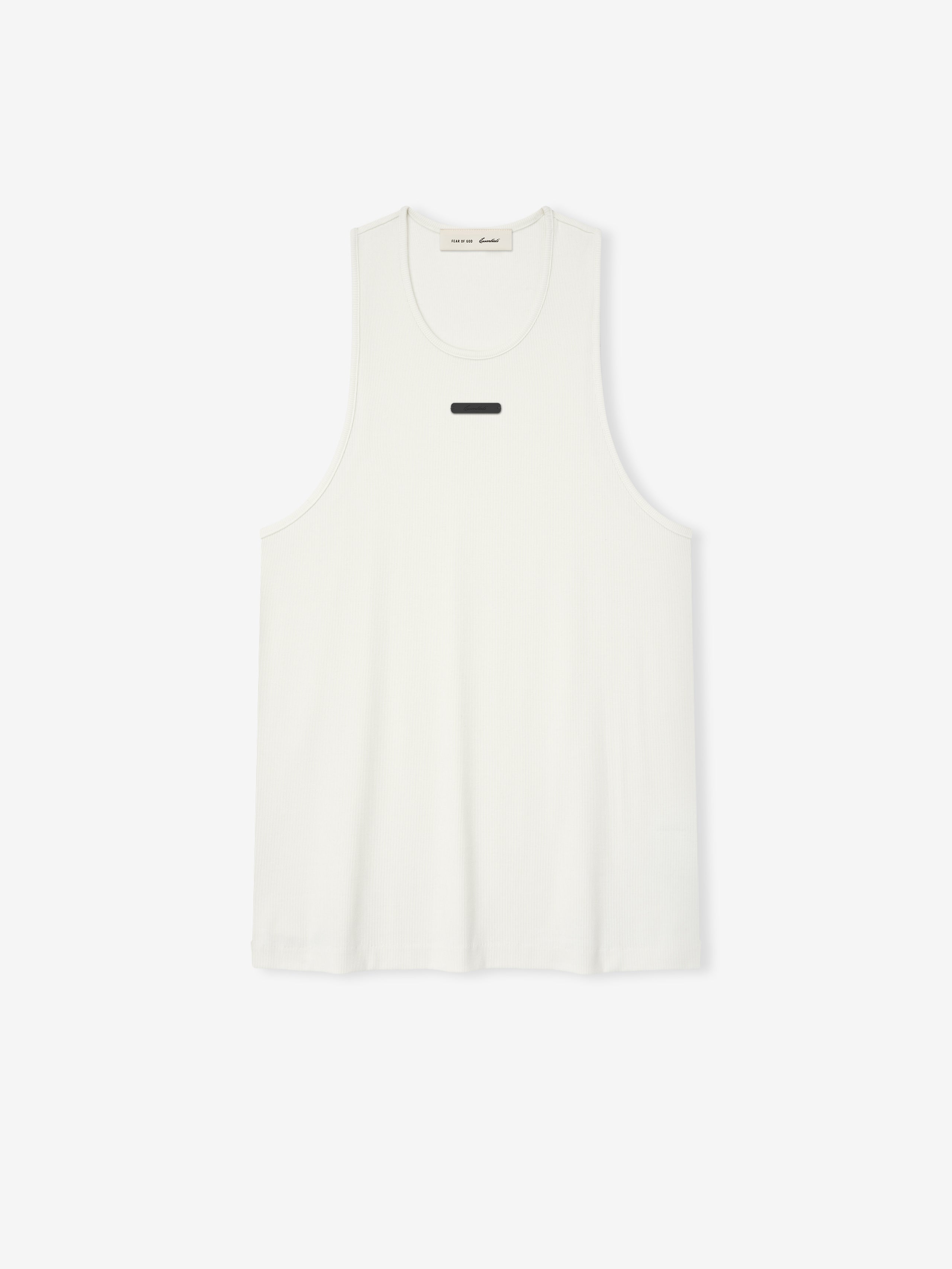 off-white ribbed cotton spandex tank top with relaxed fit, U-neck, dropped armholes, and minimalist Essentials logo on chest