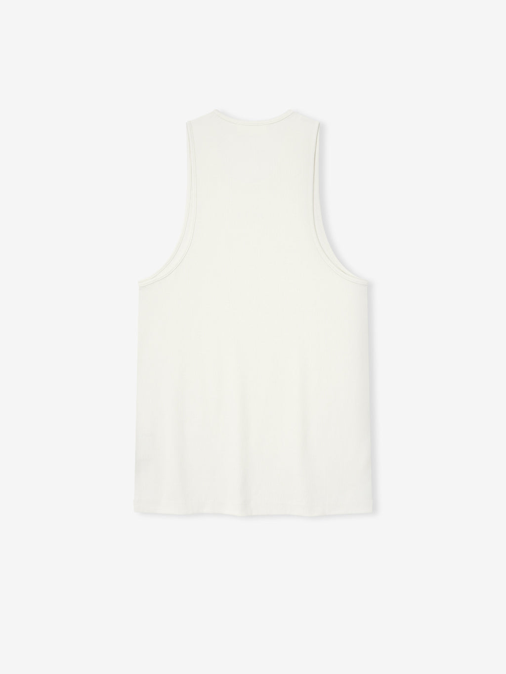 back view of off-white ribbed cotton spandex tank with relaxed fit and dropped armholes