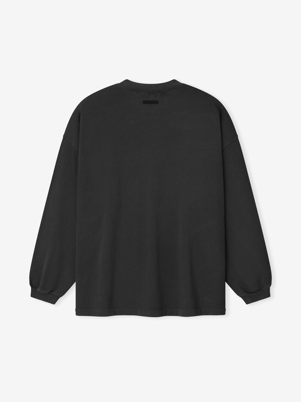 back view of oversized black heavyweight cotton jersey long sleeve tee with rib-knit crewneck and cuffed sleeves