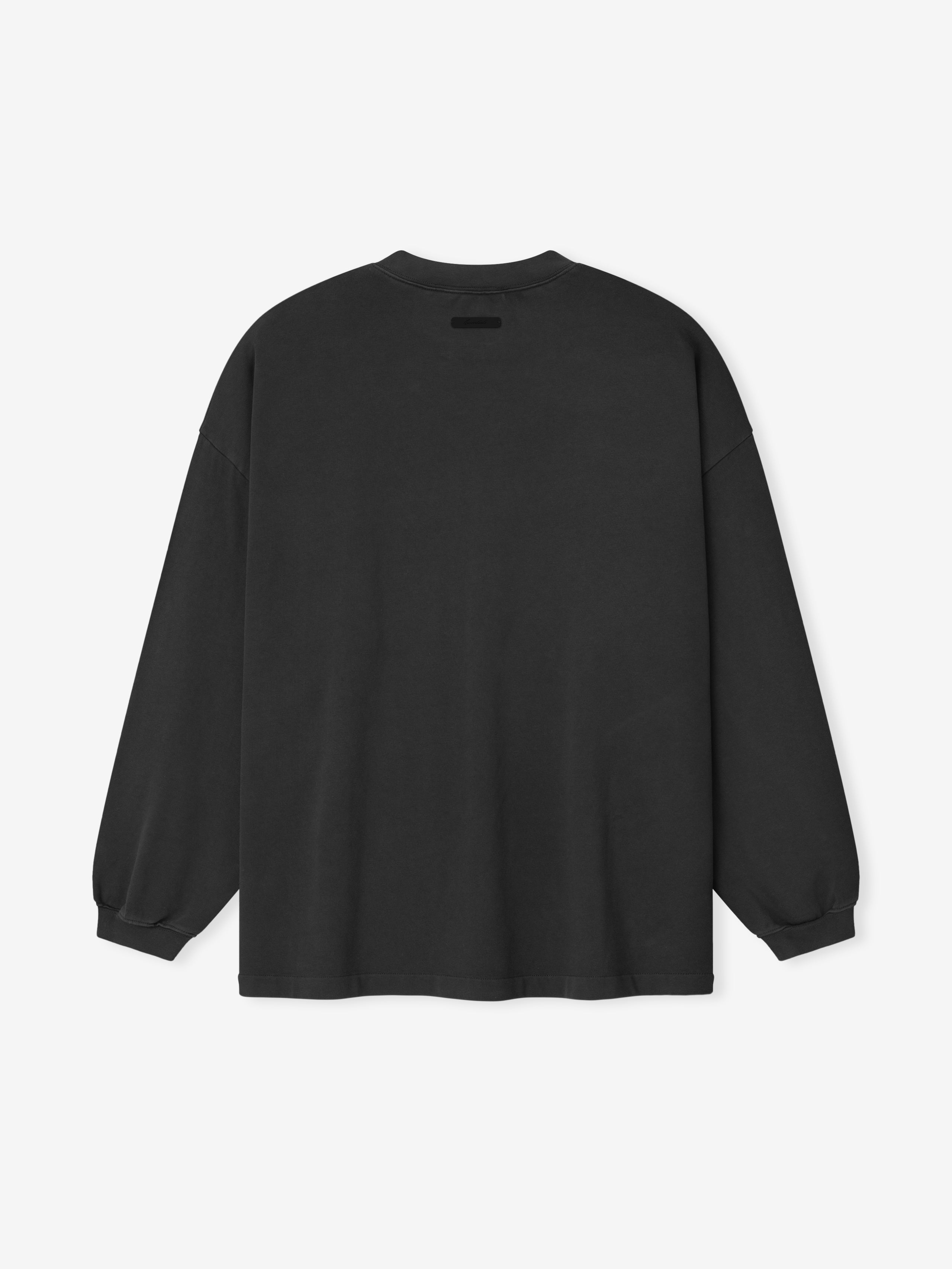 back view of oversized black heavyweight cotton jersey long sleeve tee with rib-knit crewneck and cuffed sleeves